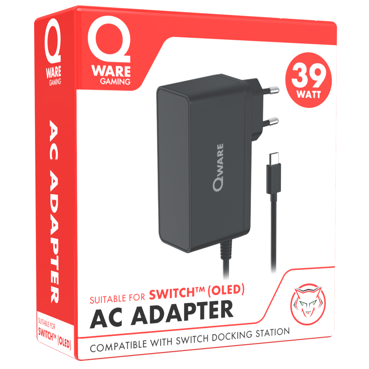 AC adapter box, black adapter, white background, red accents, 39W.