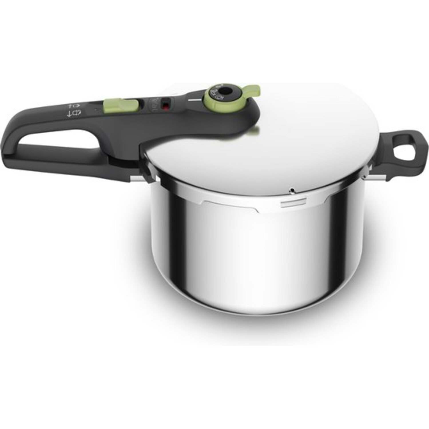 Stainless steel pressure cooker with black handle and green accents.