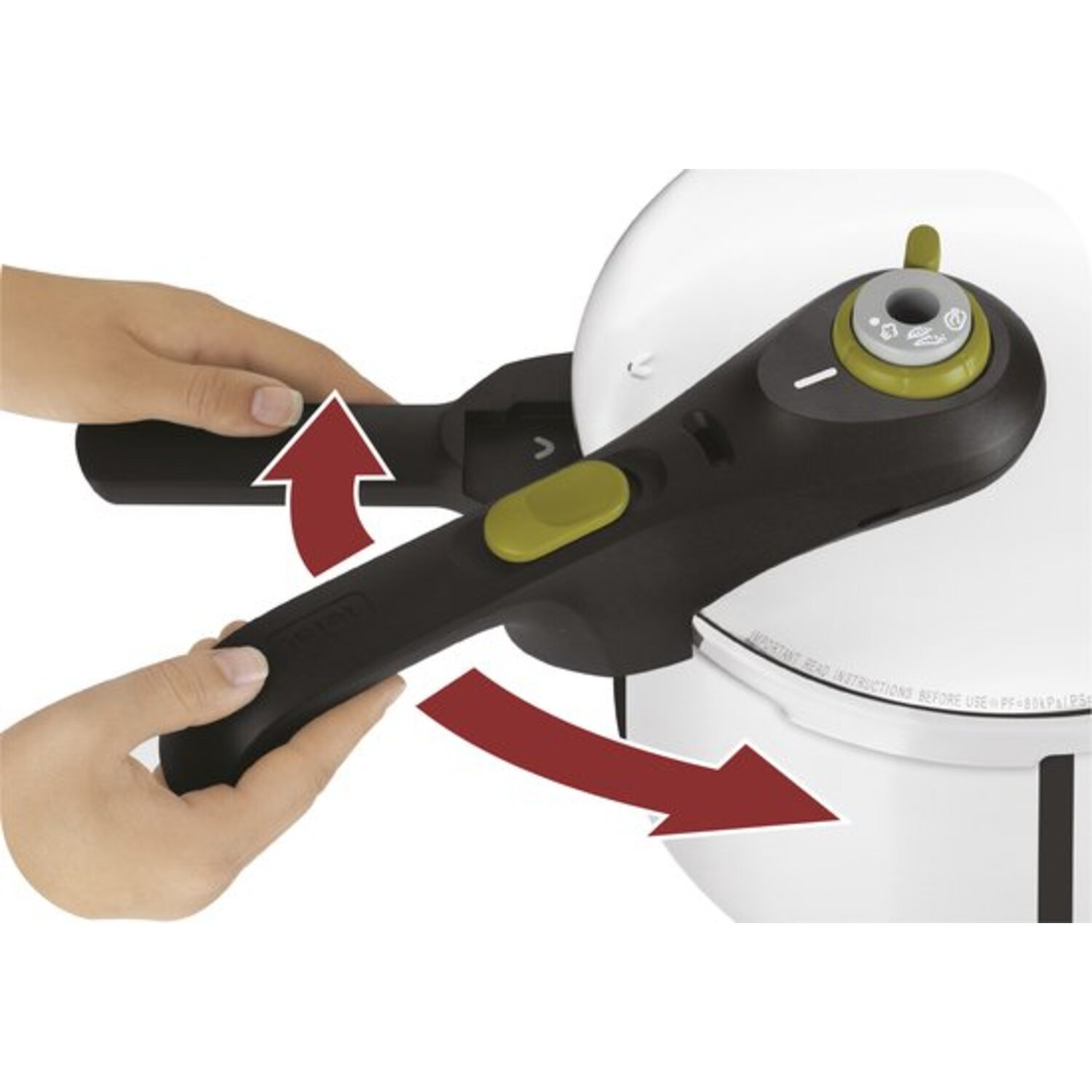 Hands operating a pressure cooker, showing arrow directions for opening and closing.