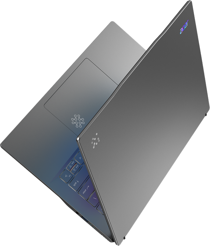 Felülnézet egy sötétszürke laptopról, nyitva, a billentyűzetet mutatva.