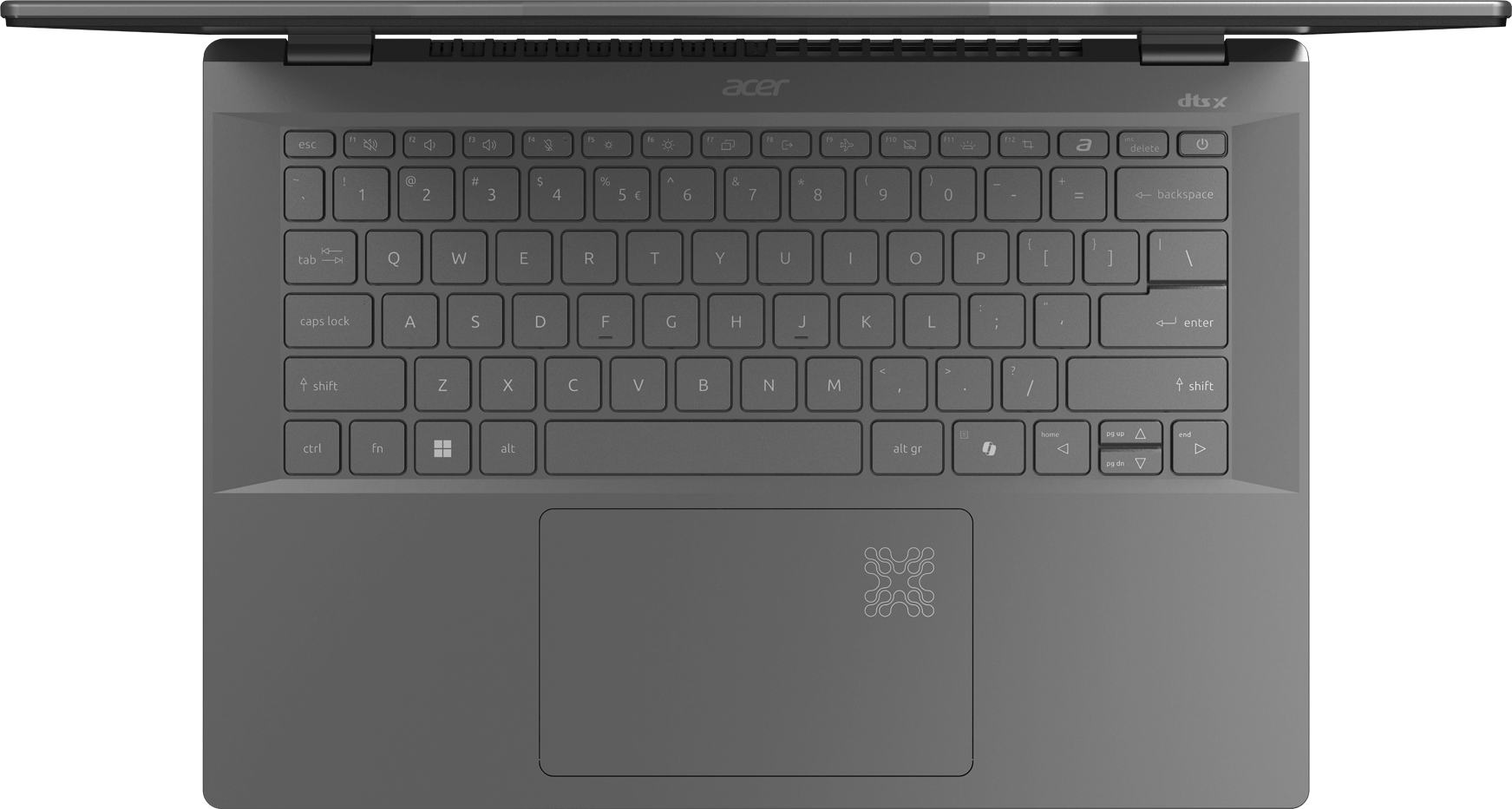 Acer laptop, felülnézet, billentyűzet látható. Érintőpad alatta. Szürke szín.