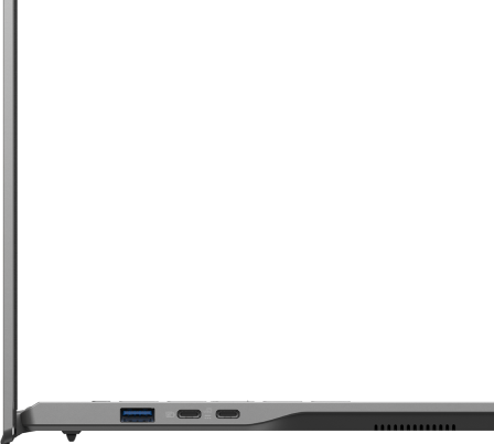Laptop oldalsó nézete portokkal. USB, USB-C és audio csatlakozó.
