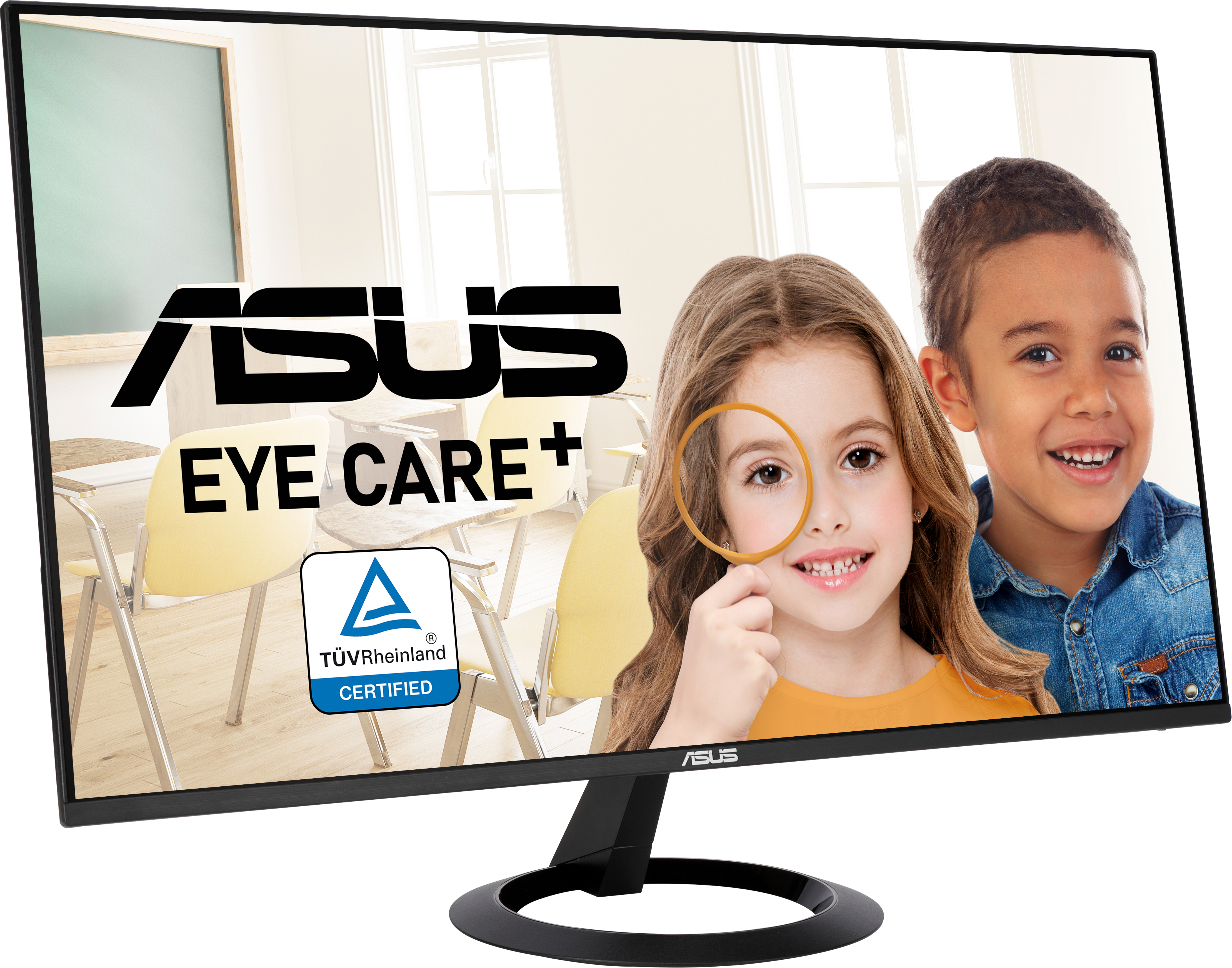Un monitor ASUS con una ragazza che tiene in mano una lente d'ingrandimento e un ragazzo che sorride.