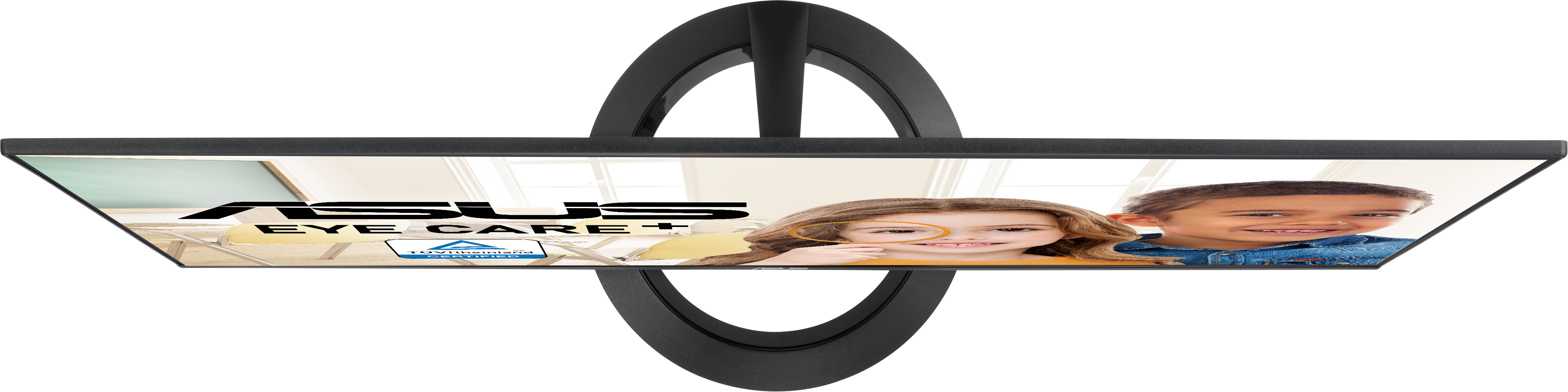 Un monitor con il logo ASUS e due bambini che guardano attraverso una lente d'ingrandimento.