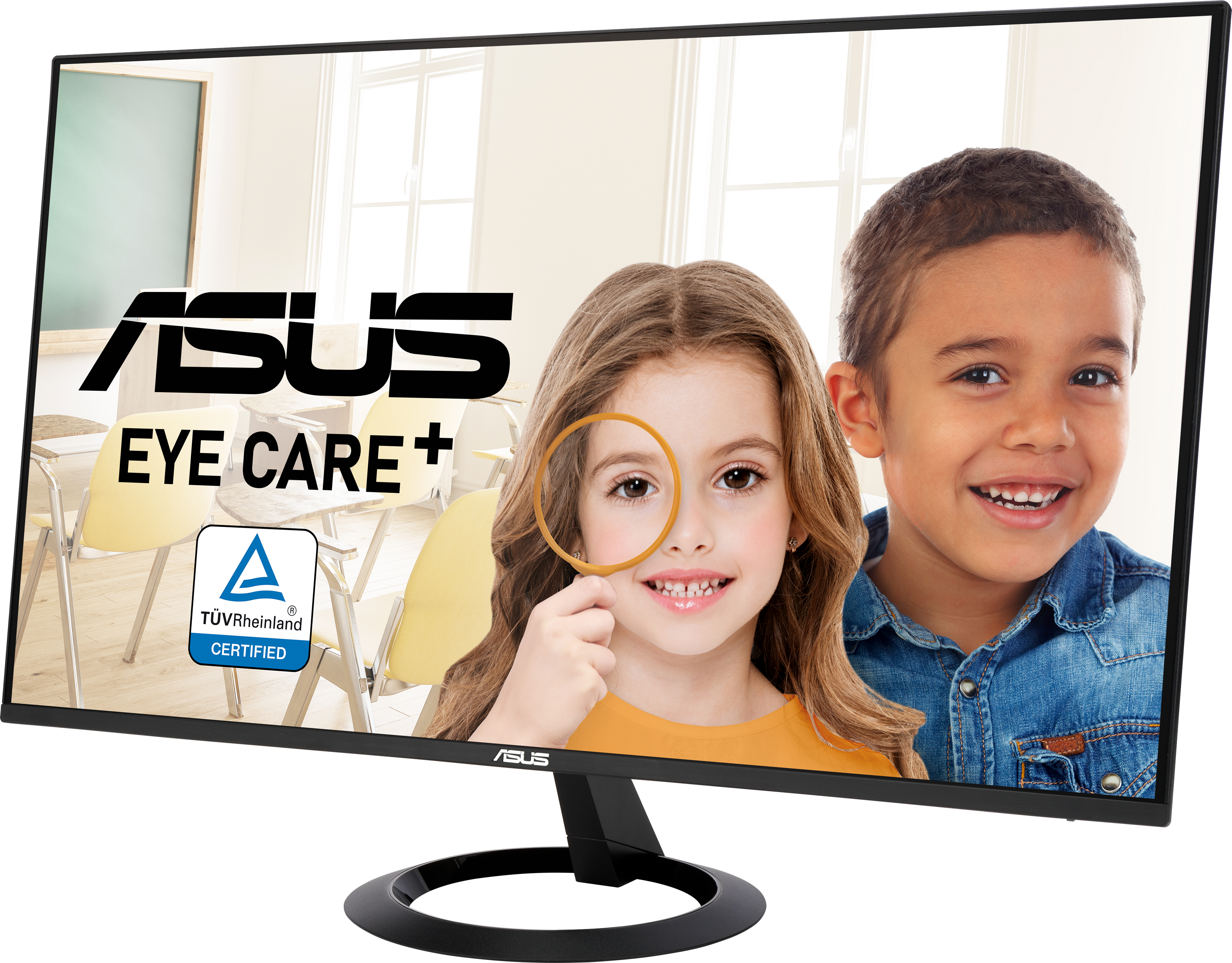 Monitor che mostra bambini sorridenti, con logo eye care e certificato blu.