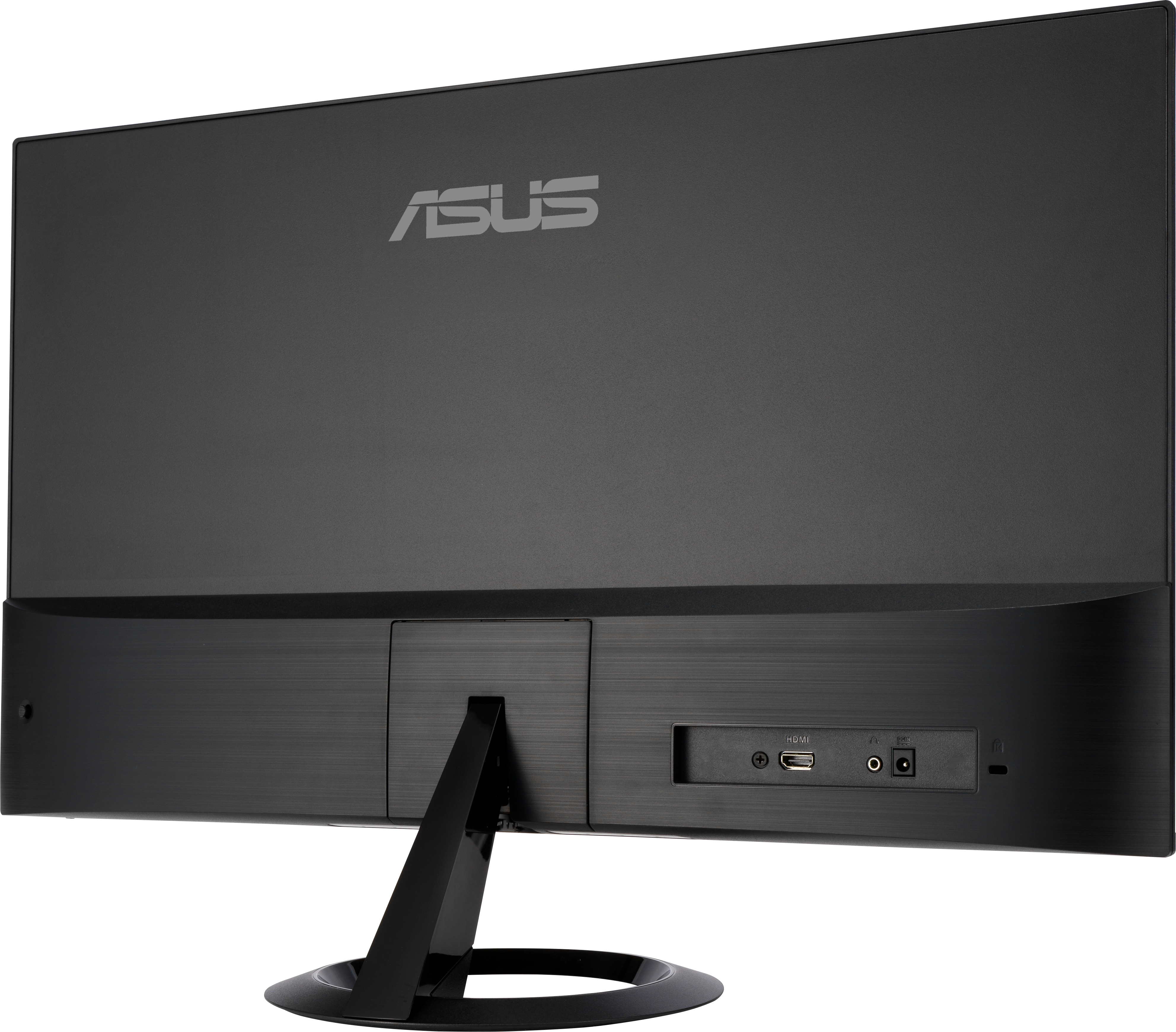 Retro di un monitor Asus nero con porte e supporto visibili. Il logo Asus è in alto.