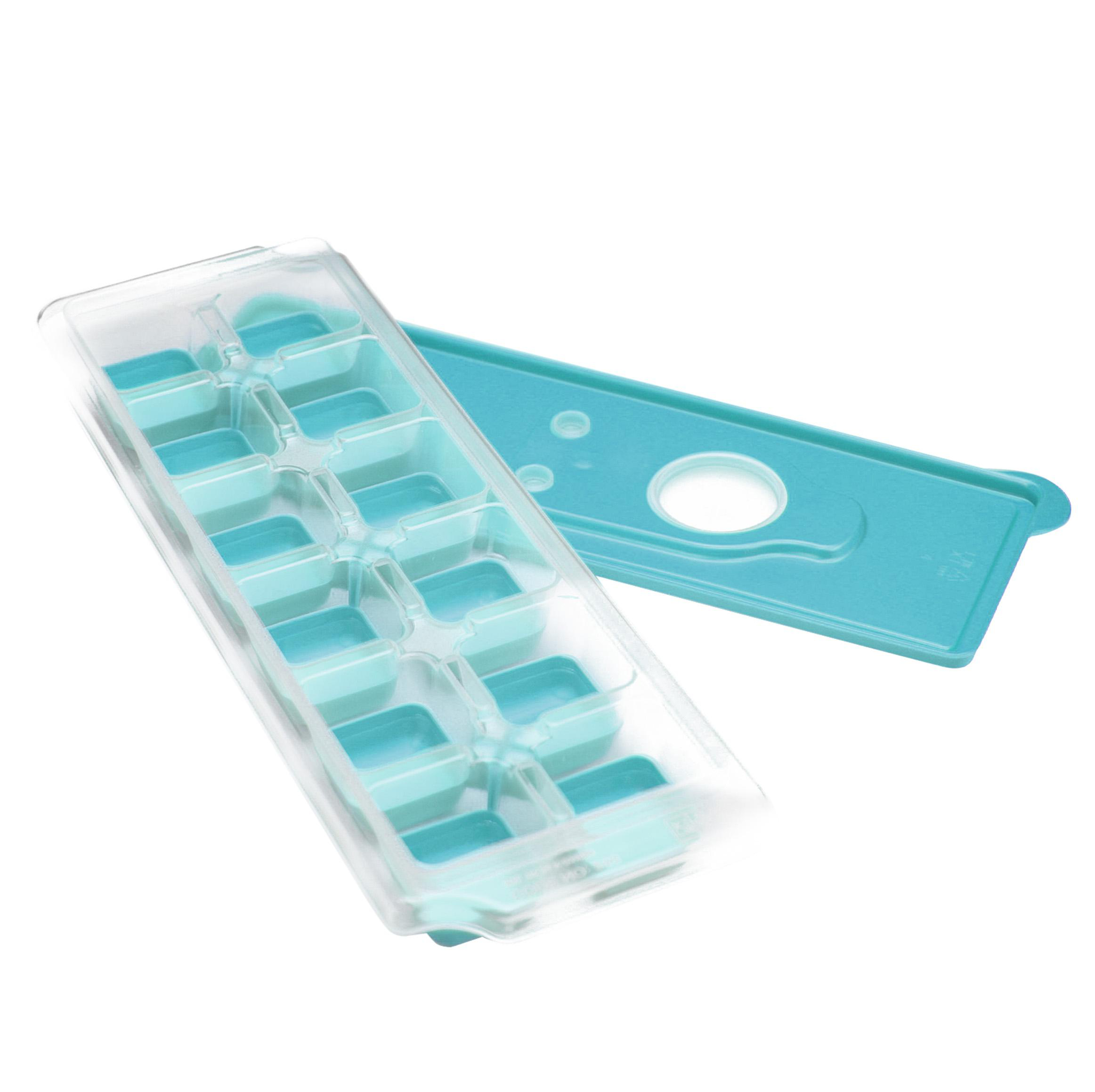 Transparente Eiswürfelschale mit blauen Fächern. Der Deckel ist auch blau und liegt daneben.