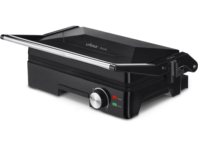 Grill - ufesa Teide, 1600 W, Apertura 180º, Placas antiadhentes, Asa fría, Negro