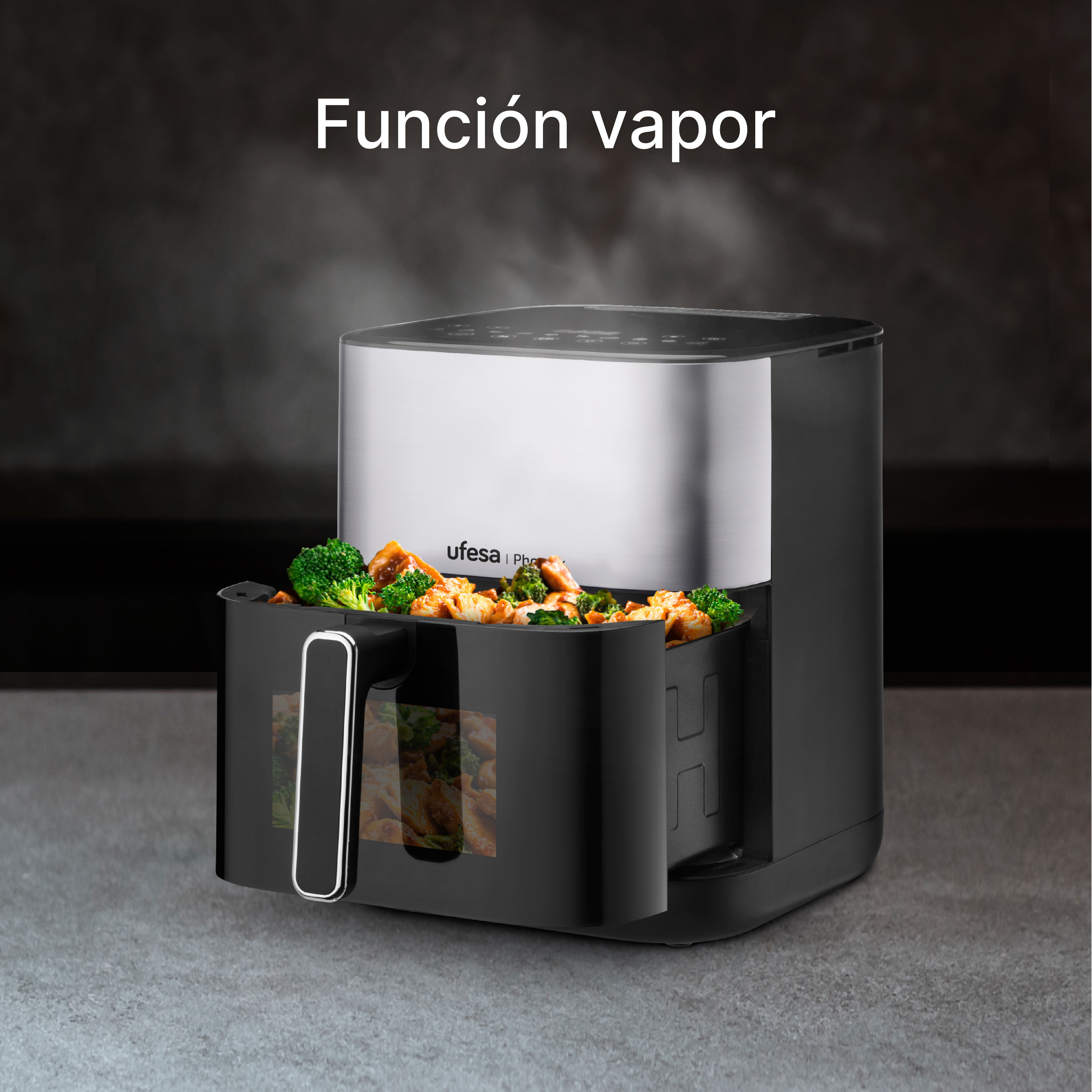 Freidora de aire con comida, vapor visible. Texto "Función vapor" arriba.
