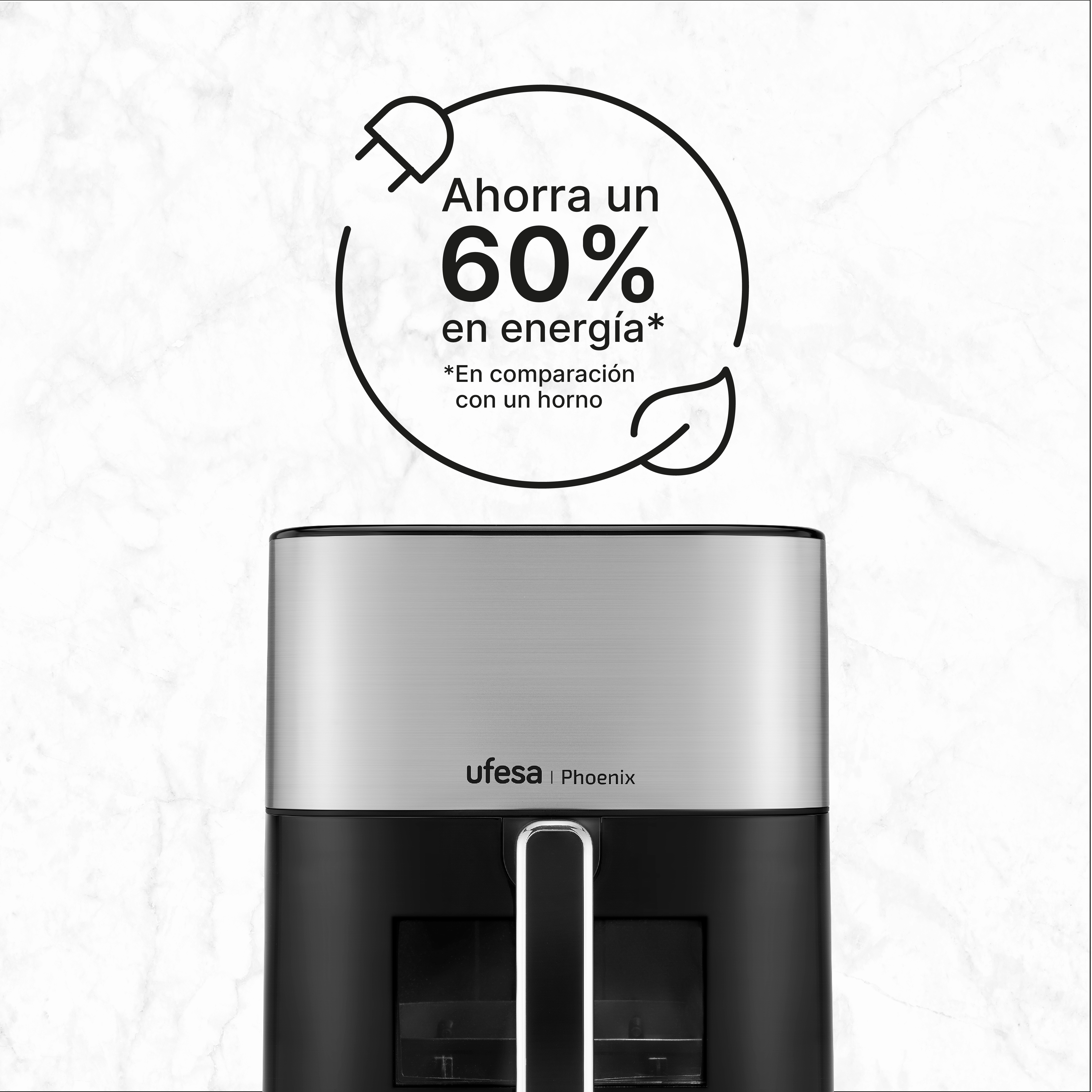 Freidora de aire con texto: 'Ahorra un 60% de energía en comparación con un horno'.