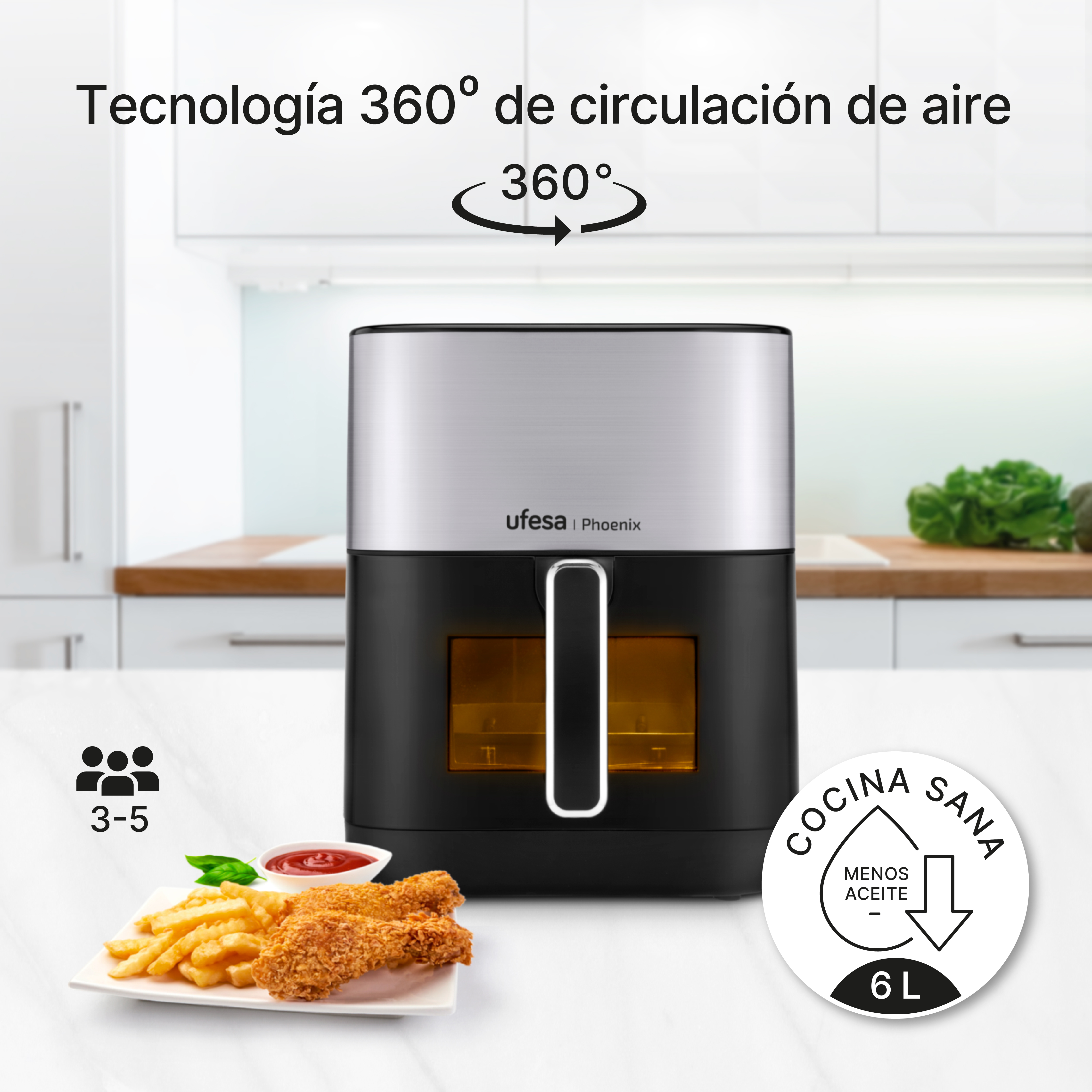 Una freidora de aire en una encimera con patatas fritas y pollo. Dice 3-5 y 6L.
