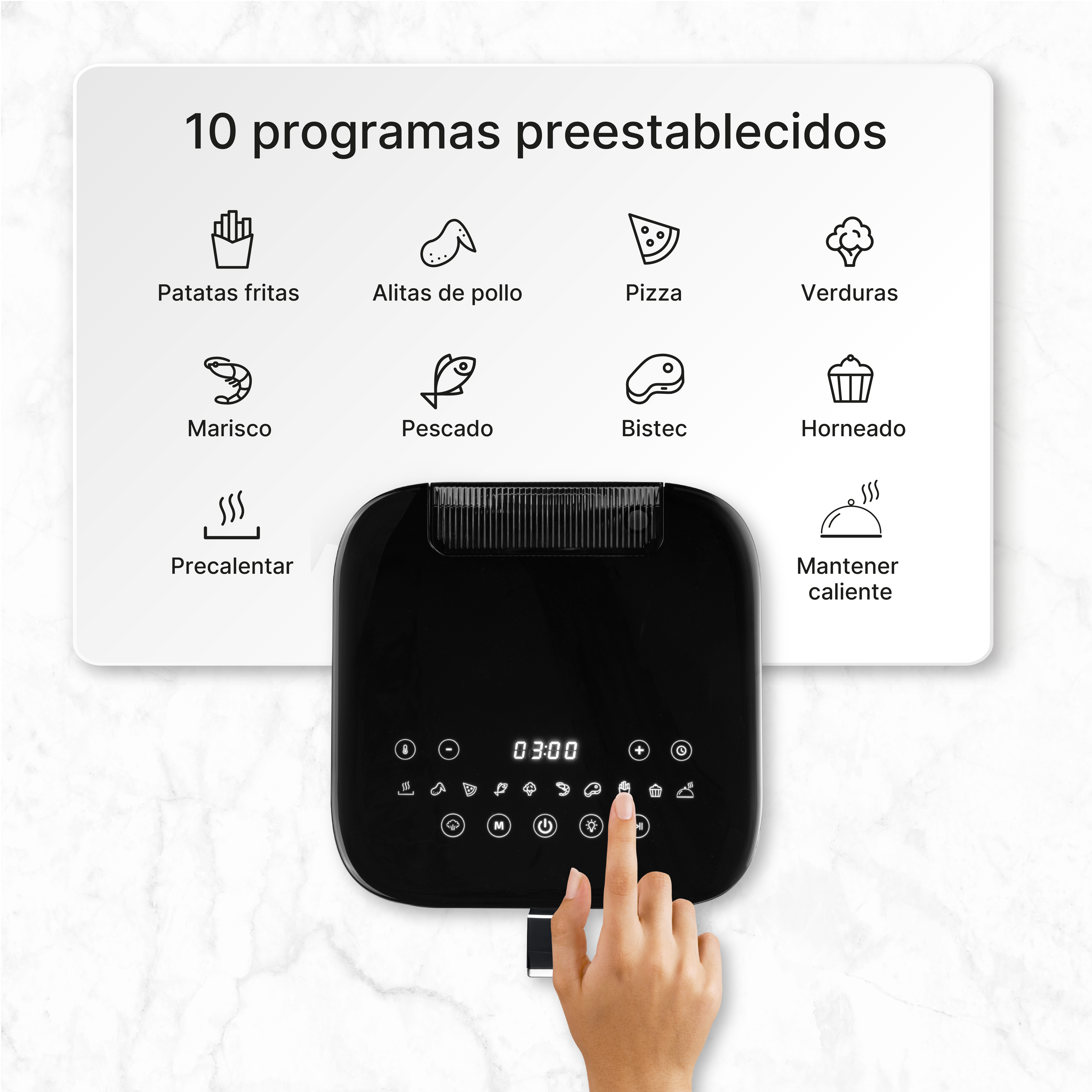 Freidora de aire negra con panel táctil e iconos de comida. Una mano pulsa un botón.