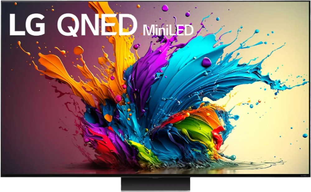 Een LG QNED MiniLED TV met kleurrijke abstracte kunst voor het scherm.