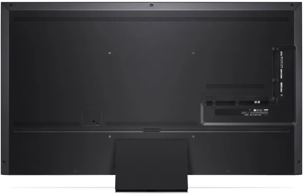Achterkant van een groot zwart tv-scherm. Het heeft poorten en een standaard. Witte muur op de achtergrond.
