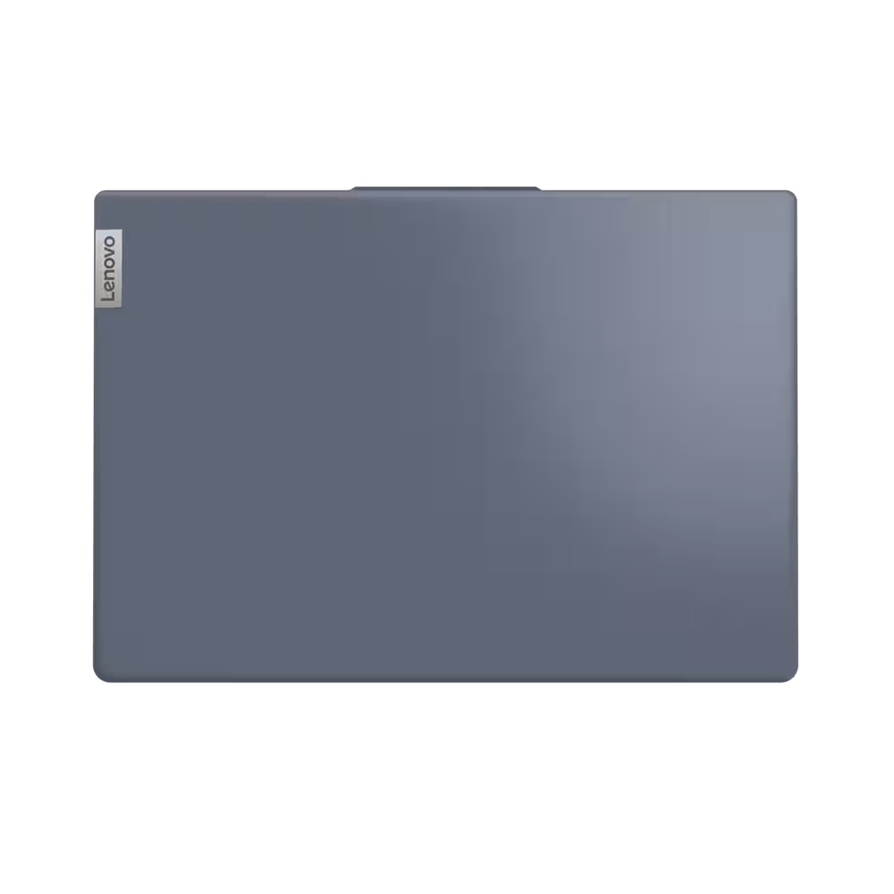 Vista superior de una laptop Lenovo azul oscuro cerrada sobre un fondo negro.