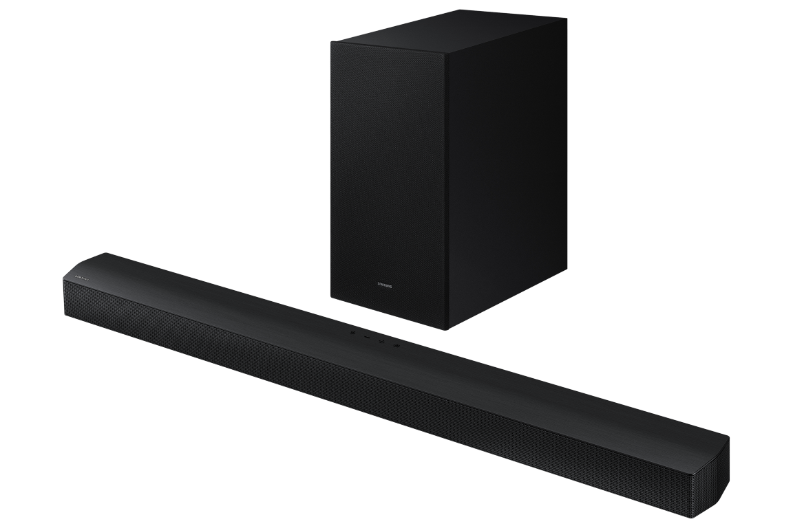 Siyah bir arka plan üzerinde siyah soundbar ve subwoofer seti. Soundbar uzun ve incedir.