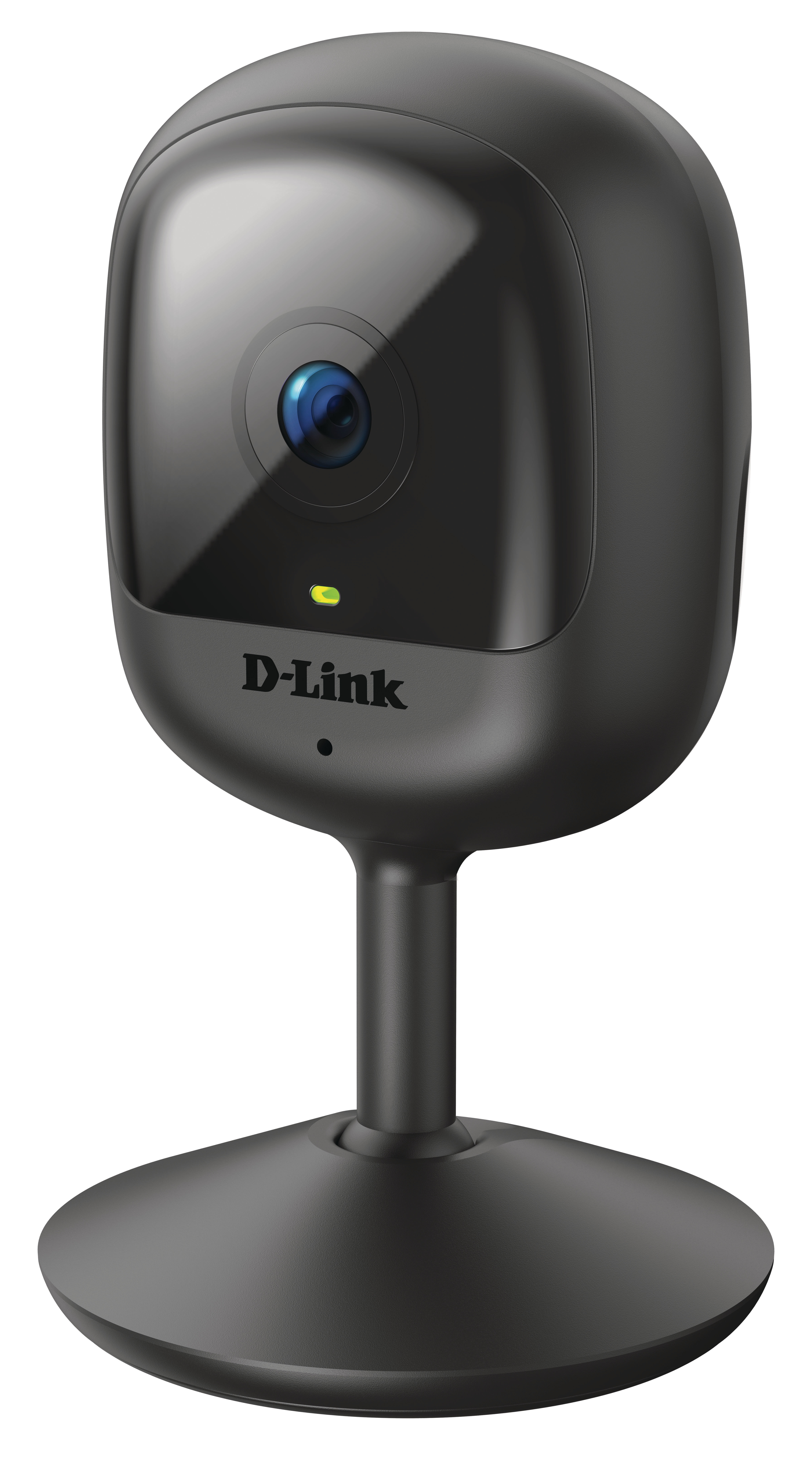 Schwarze D-Link Überwachungskamera auf einem Ständer. Die Linse ist sichtbar. Ein grünes Licht leuchtet.