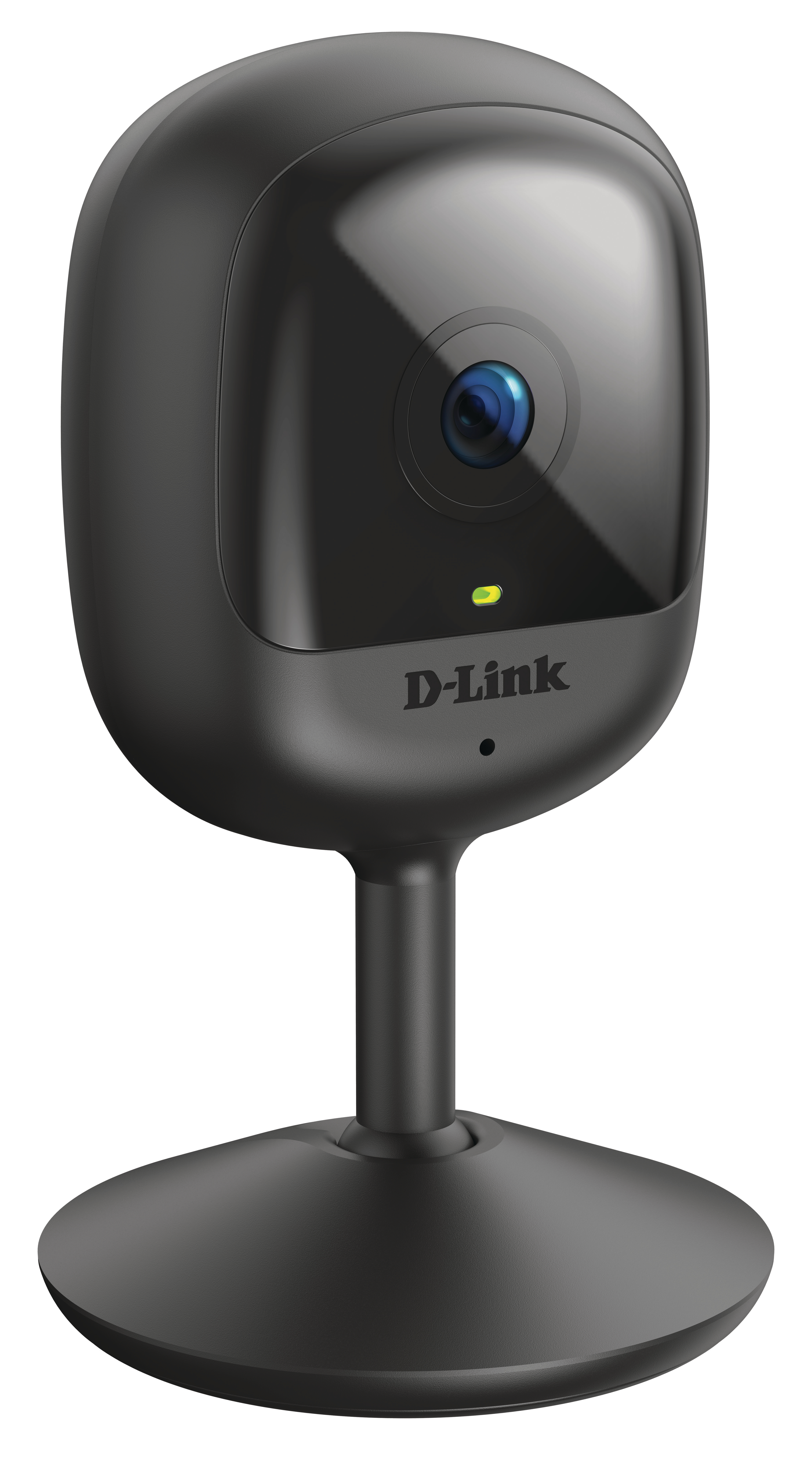 Eine schwarze D-Link Überwachungskamera auf einem Ständer, nach vorne gerichtet, mit grünem Licht.