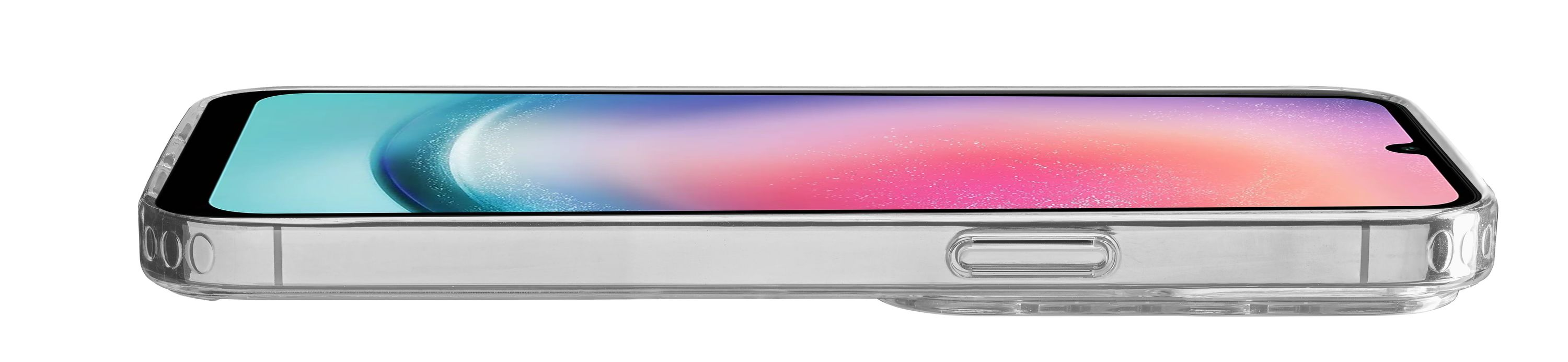 Renkli bir ekran gösteren, içinde bir telefon bulunan şeffaf bir telefon kılıfının yan görünümü.