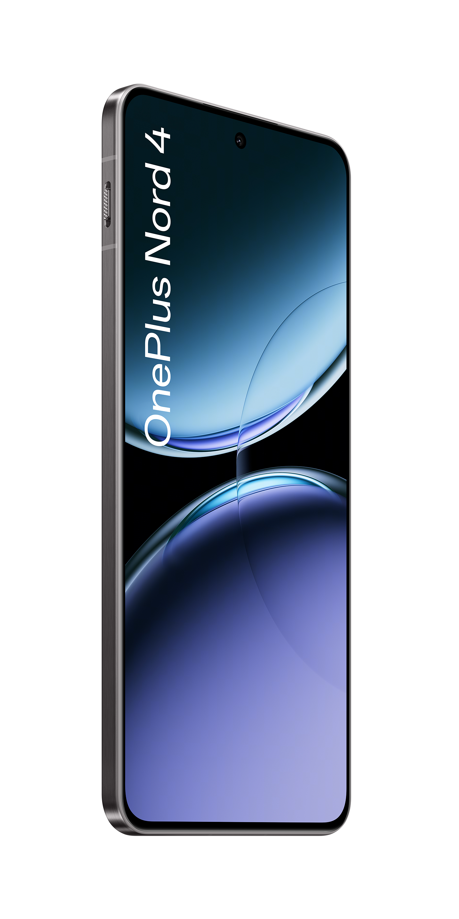 Srebrny smartfon OnePlus Nord 4, z tapetą na ekranie, na czarnym tle.