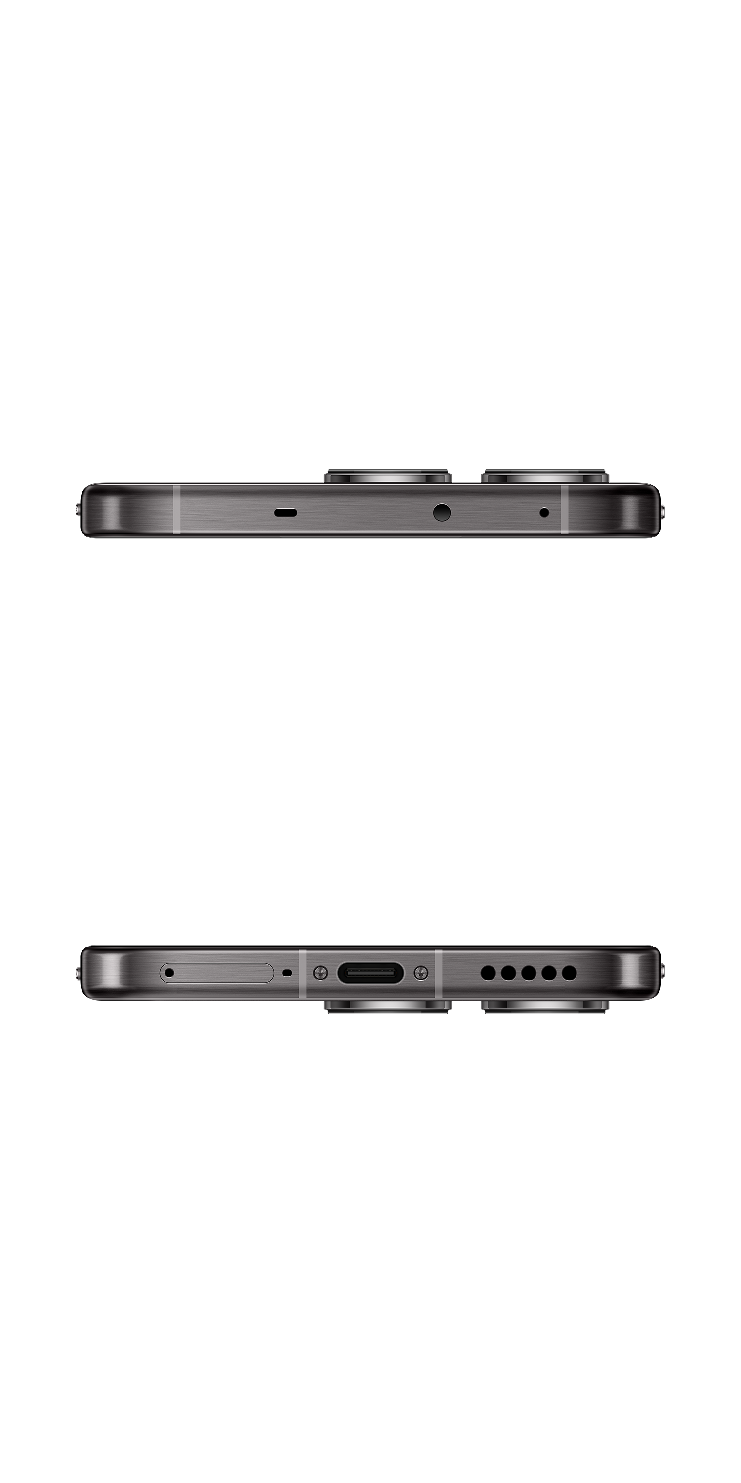 Zbliżenie czarnego smartfona, pokazujące górną i dolną krawędź z portami i przyciskami.