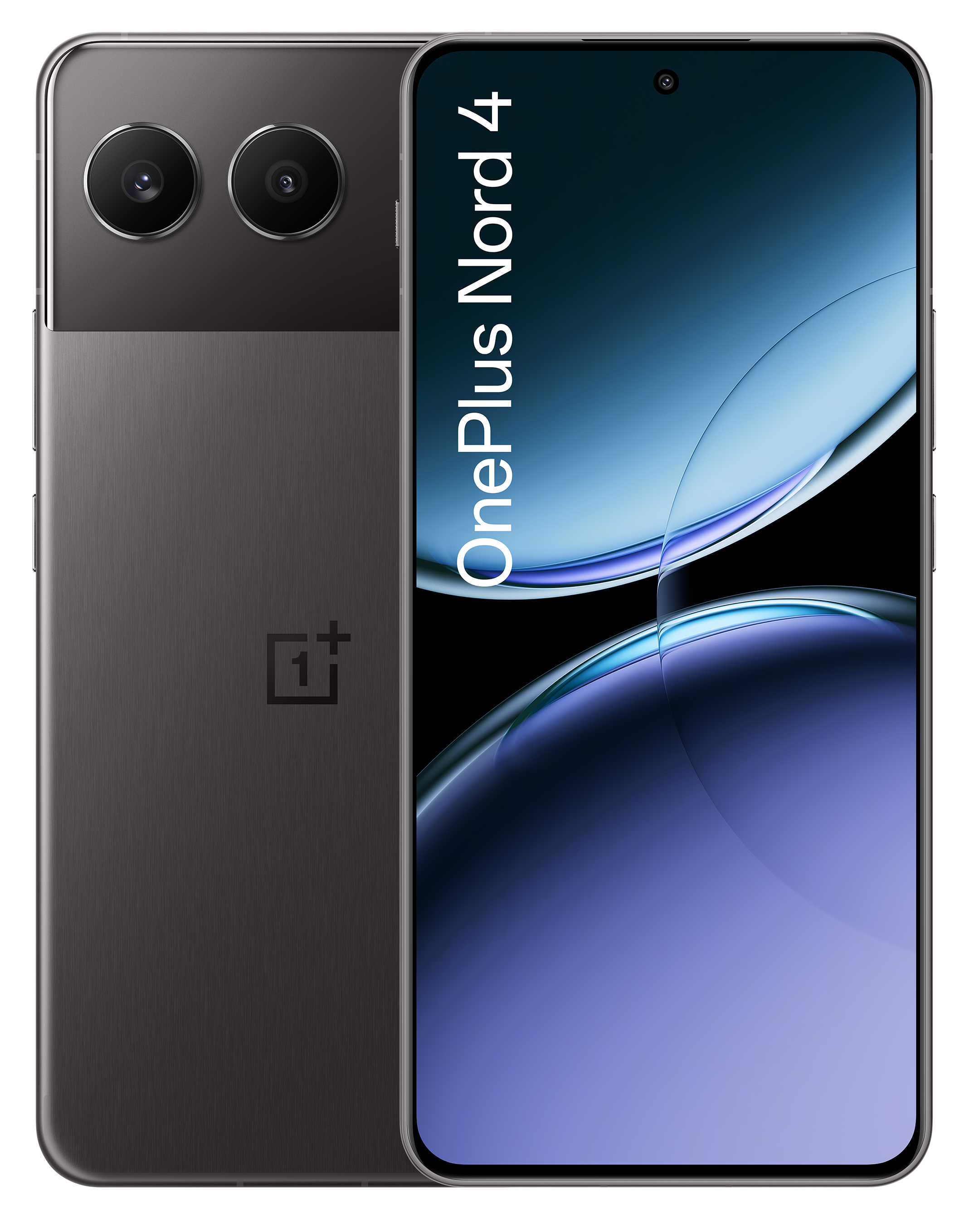 Czarny i szary telefon OnePlus Nord 4 z dwoma aparatami. Biały tekst 'OnePlus Nord 4'.