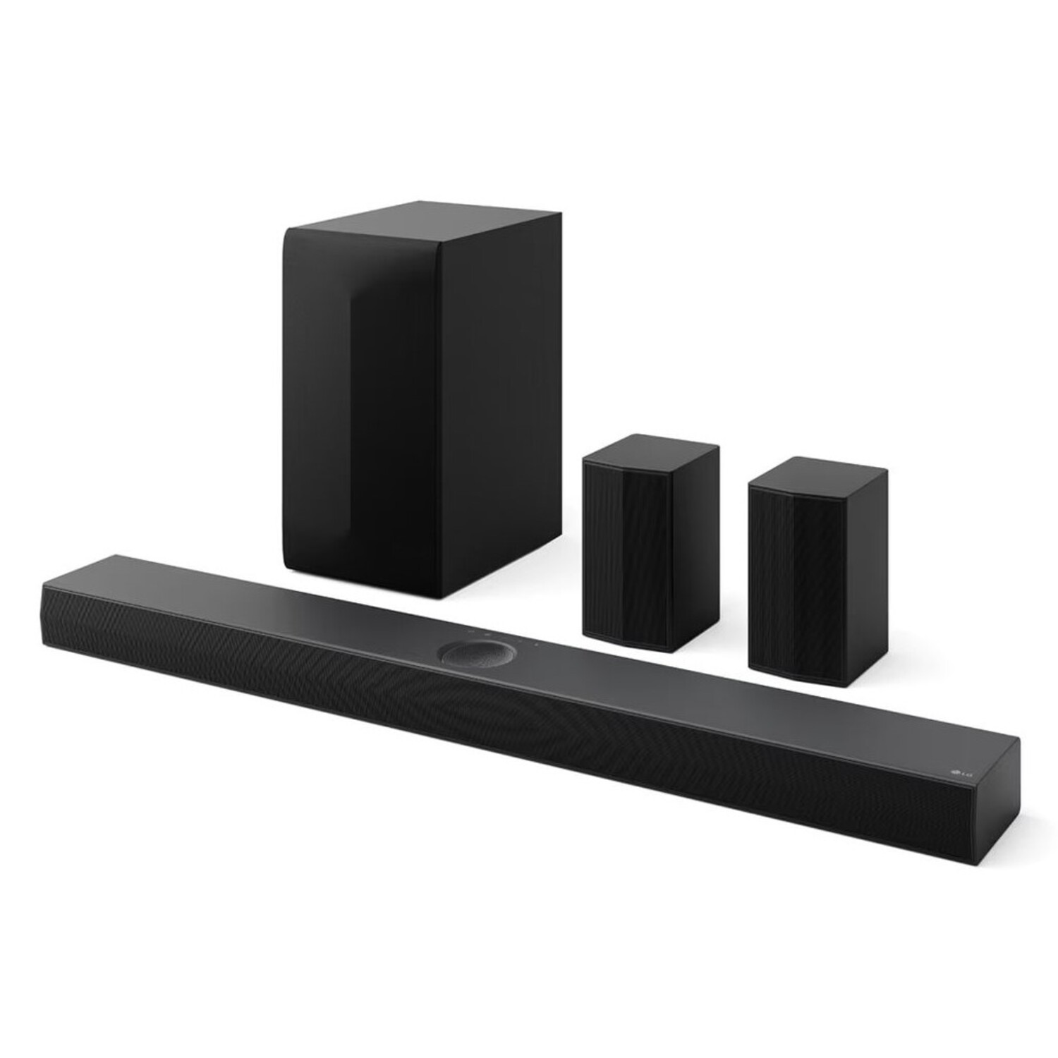 Black LG soundbar, subwoofer, and two satellite speakers, arranged on a white background.