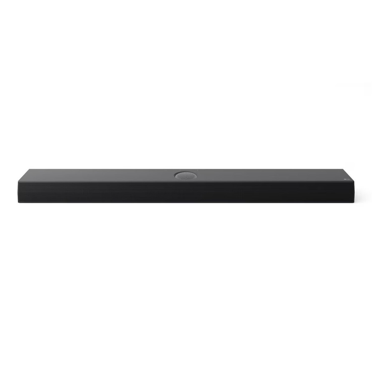 A long, black soundbar with a circular design in the center, set against a white background.