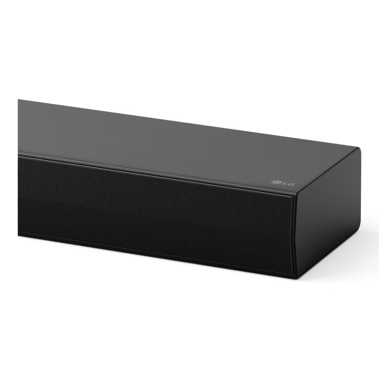 Black LG soundbar on a white background. The speaker grill is visible on the front.