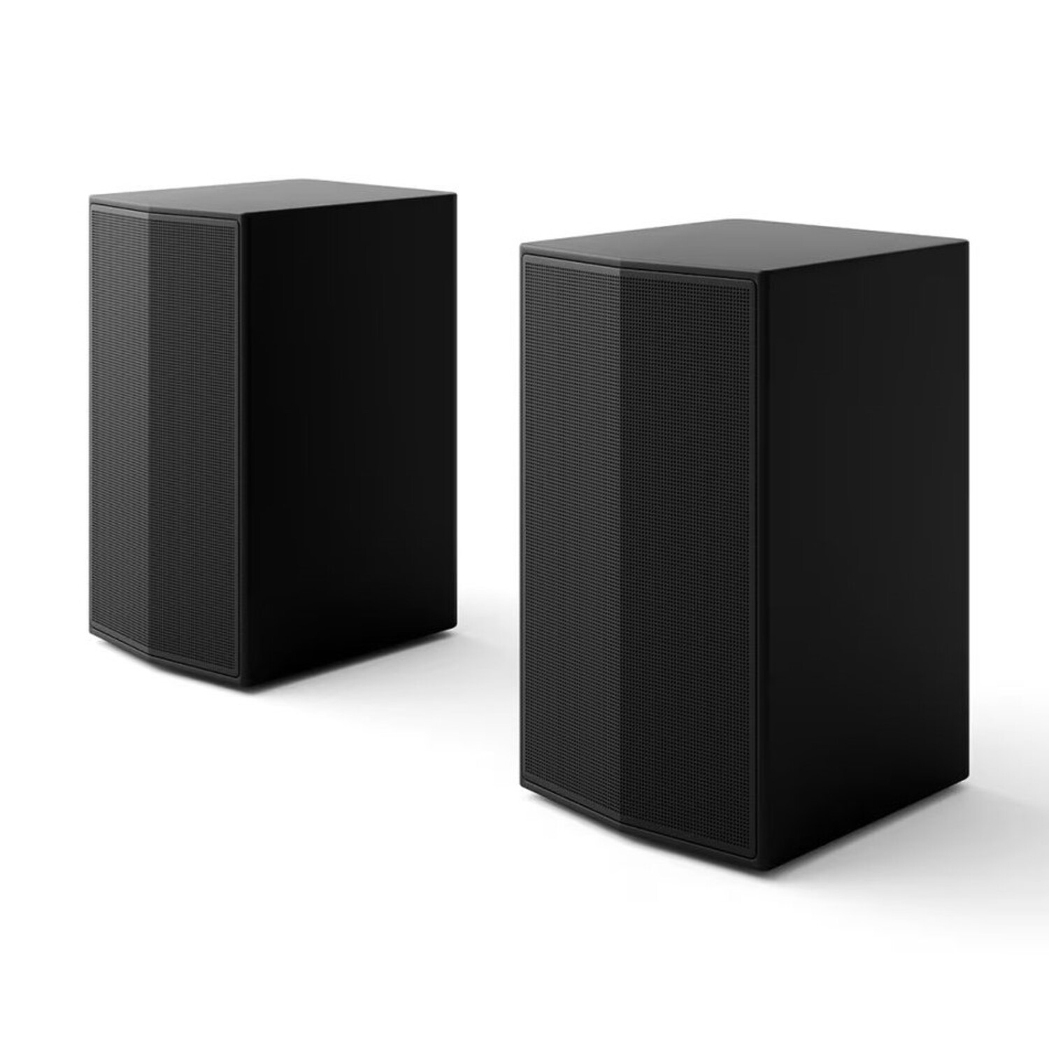 Two black speakers, side-by-side, on a white background.