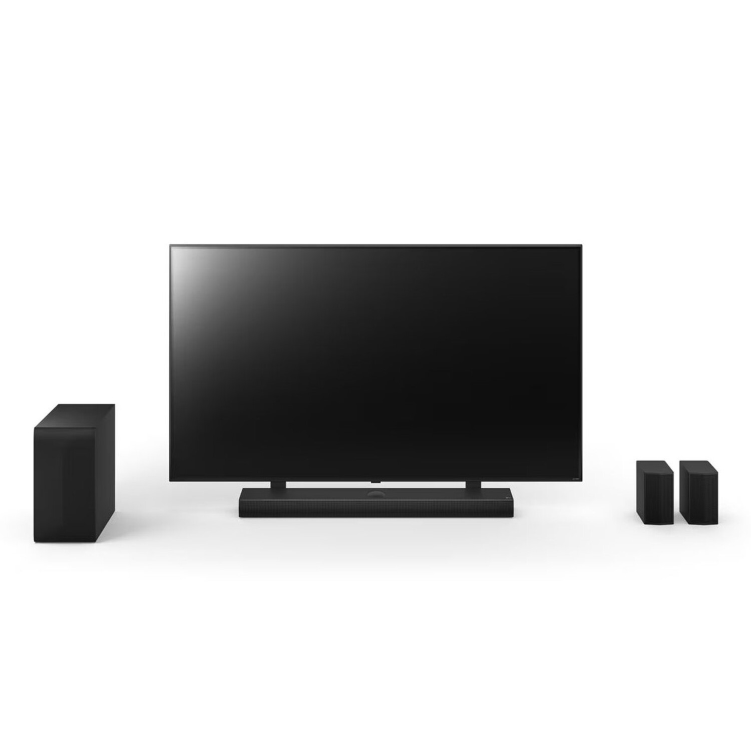 Black TV with soundbar and two speakers on a white background.
