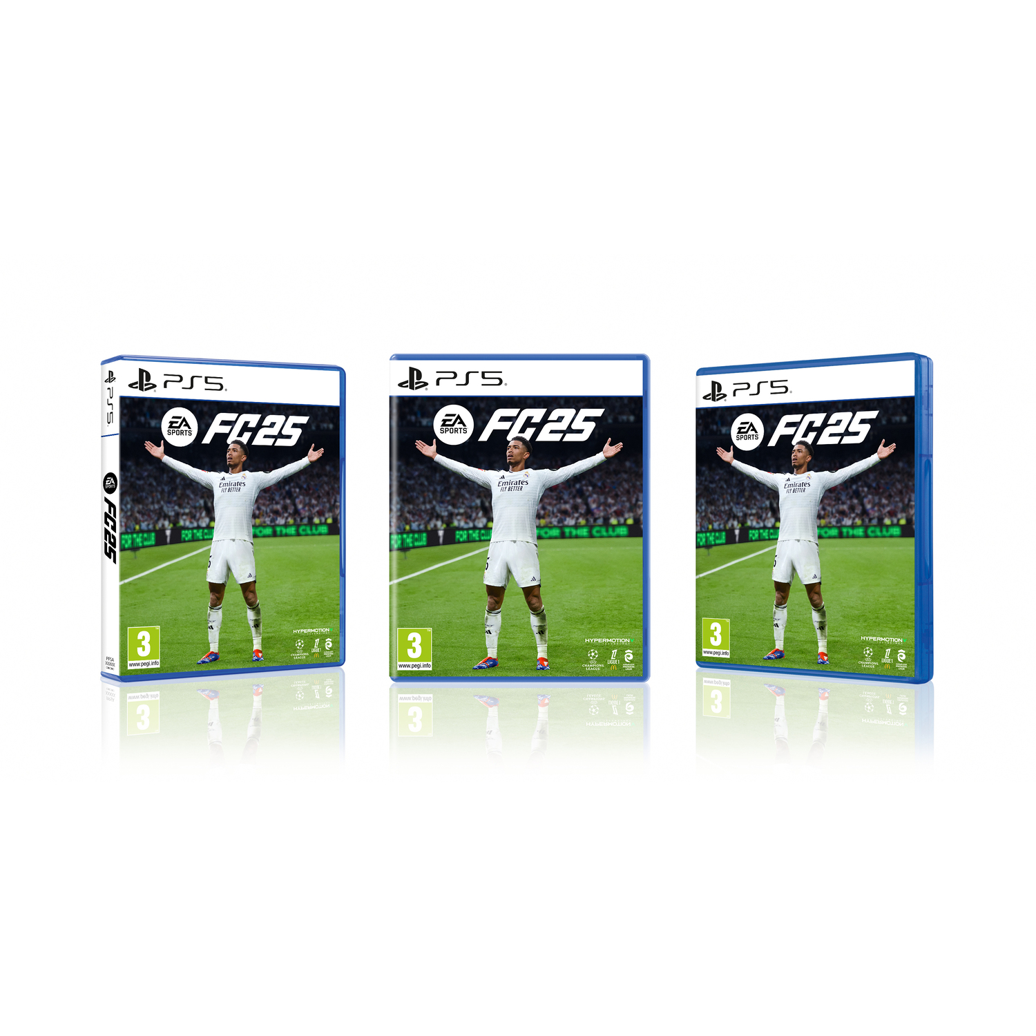 Drie gamecases van FIFA 25 voor PlayStation 5. De cases zijn blauw, met een man op de voorkant.