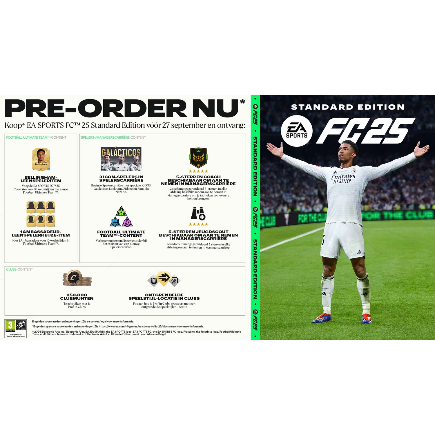 Een promotieafbeelding met een voetballer, spelinformatie en pre-order details.