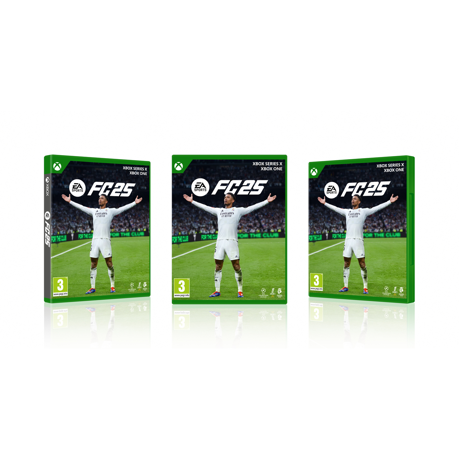Drie gameboxen, witte achtergrond, speler in witte outfit met uitgestrekte armen.