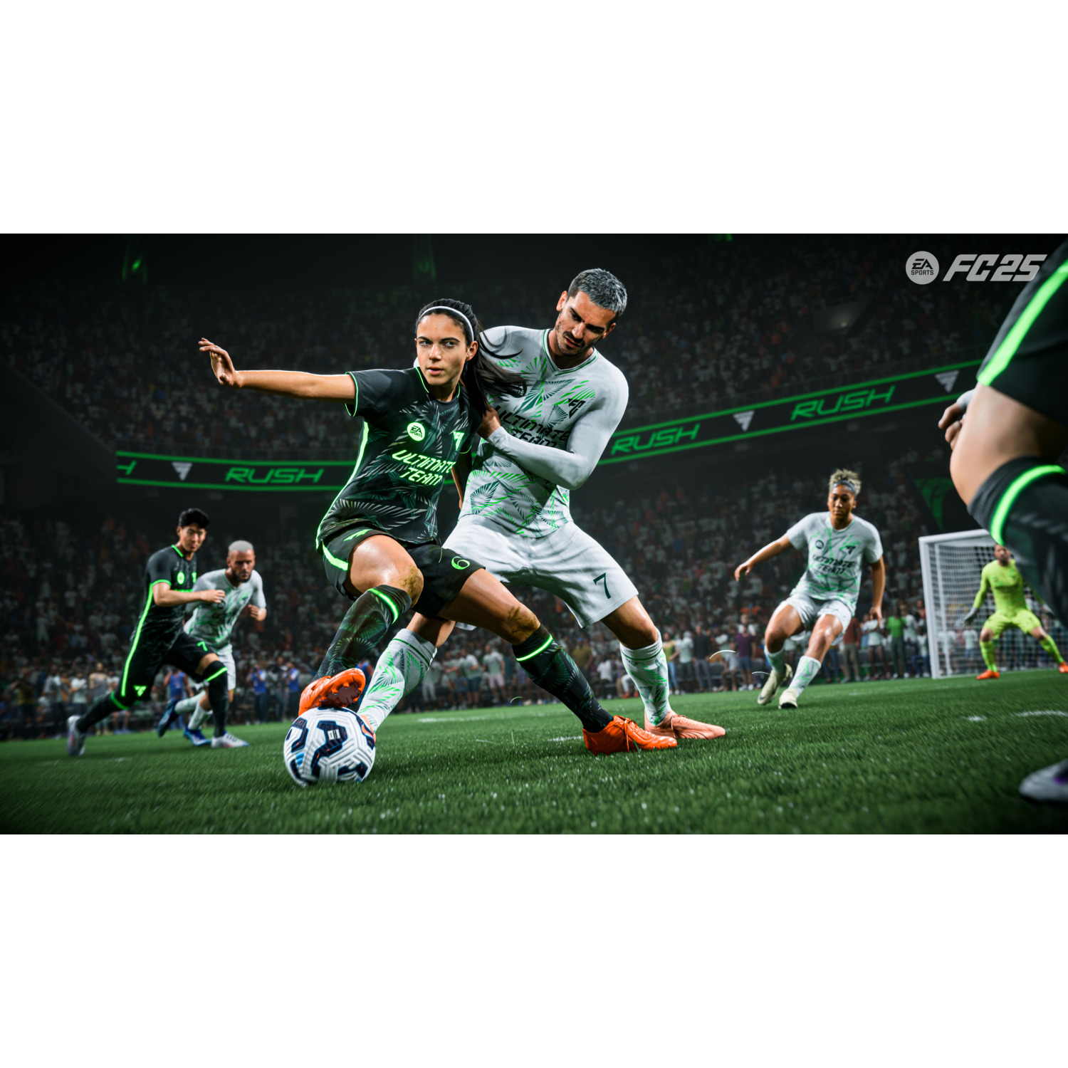 Een voetbalwedstrijdscene met vrouwelijke spelers in actie, die strijden om de bal.