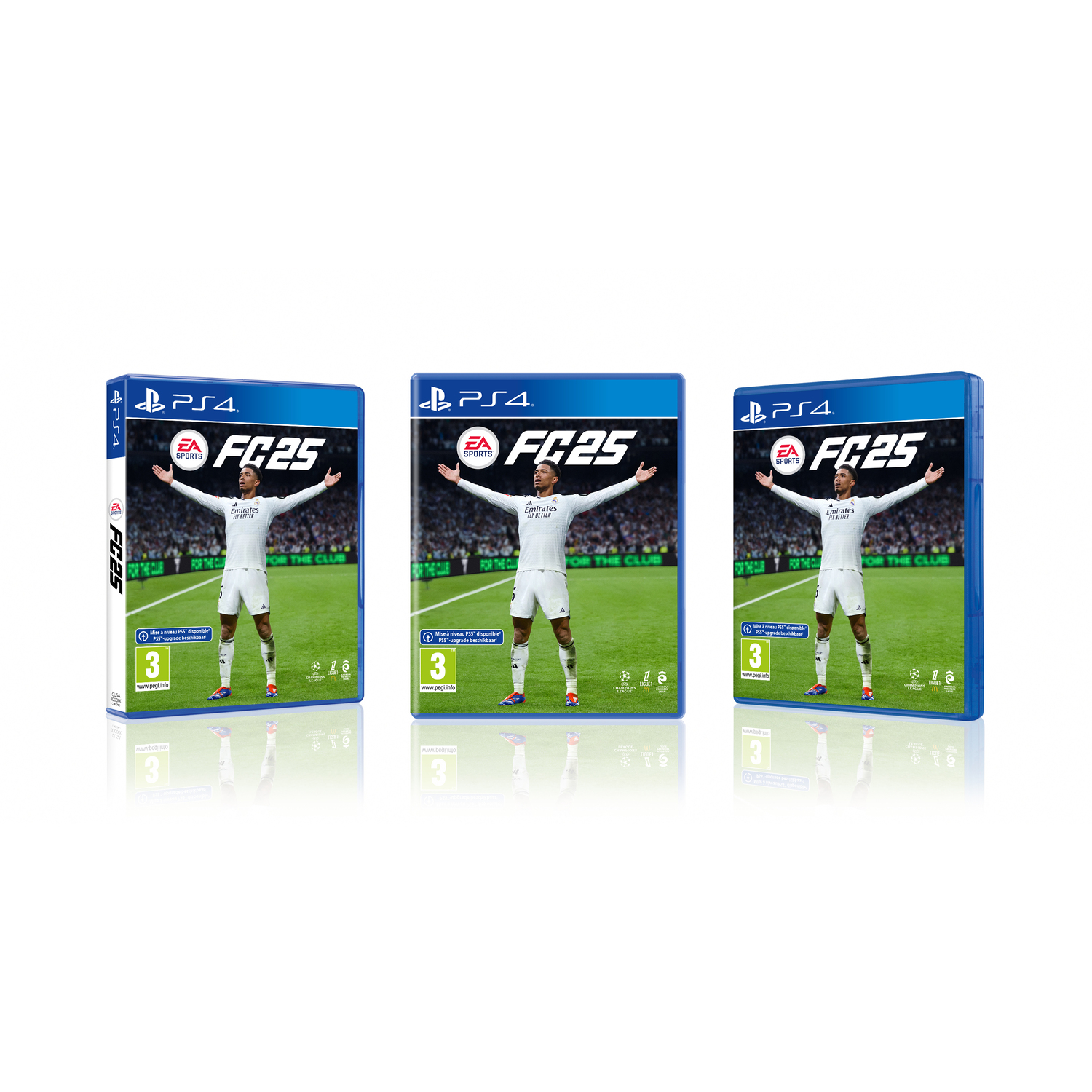 Drie PS4-gamecases voor FIFA 25, elk met een speler op de cover in een wit shirt.