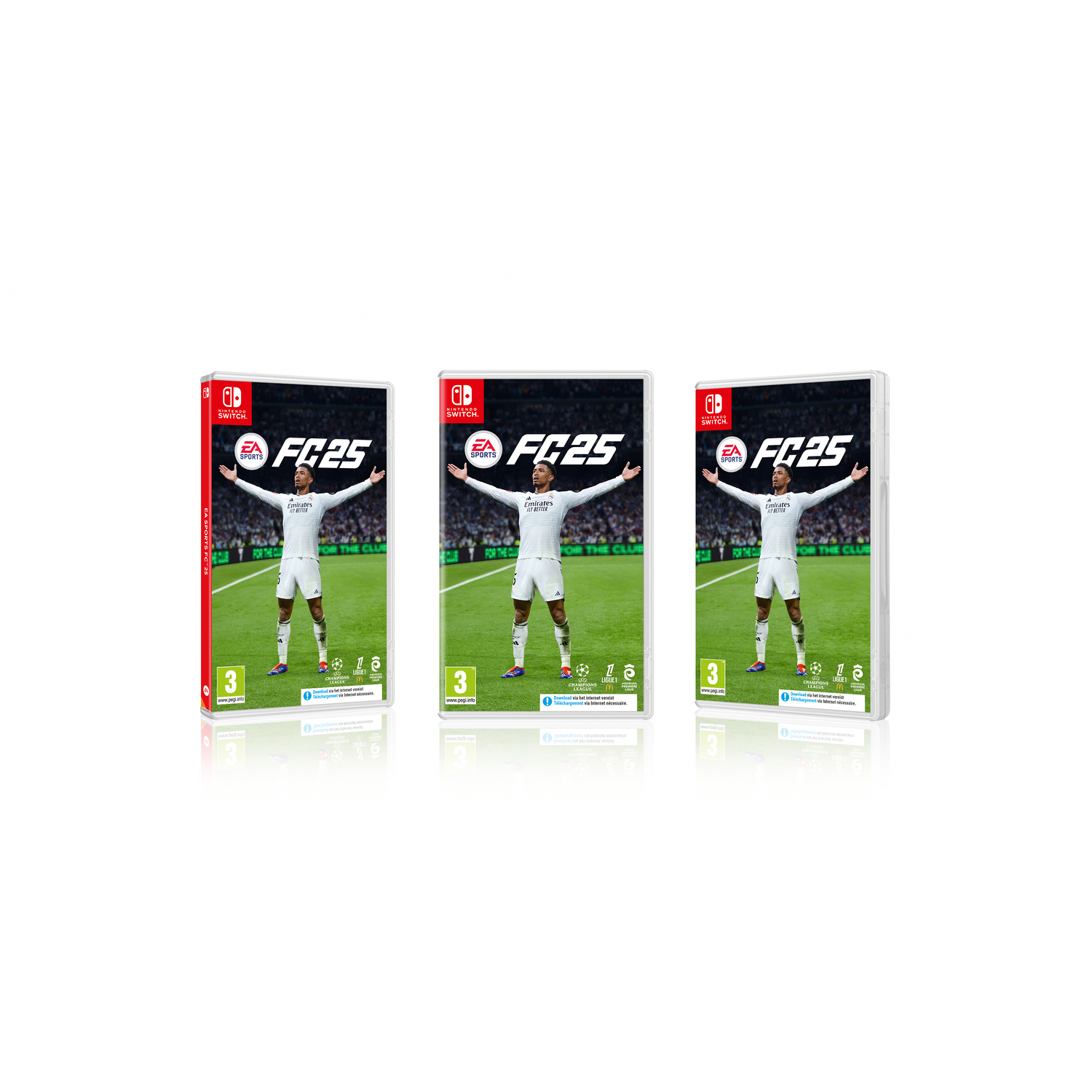 Drie gamecases voor FC25, elk met een speler afbeelding. Witte achtergrond.