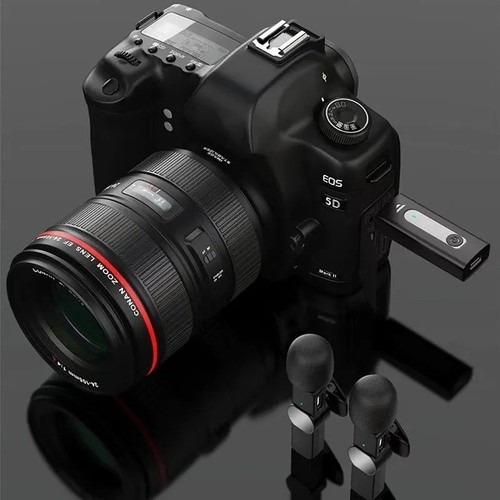 Siyah kamera, zoom lens ve takılı bir USB sürücü. Önünde iki küçük mikrofon var.