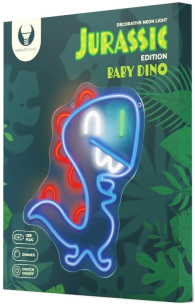 Dekoratív neonfény. Baby dinoszaurusz körvonala a 'JURASSIC EDITION BABY DINO' szavakkal.