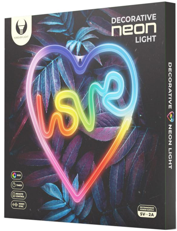 Neon szív alakú lámpás doboz 'LOVE' felirattal, sötét háttéren.