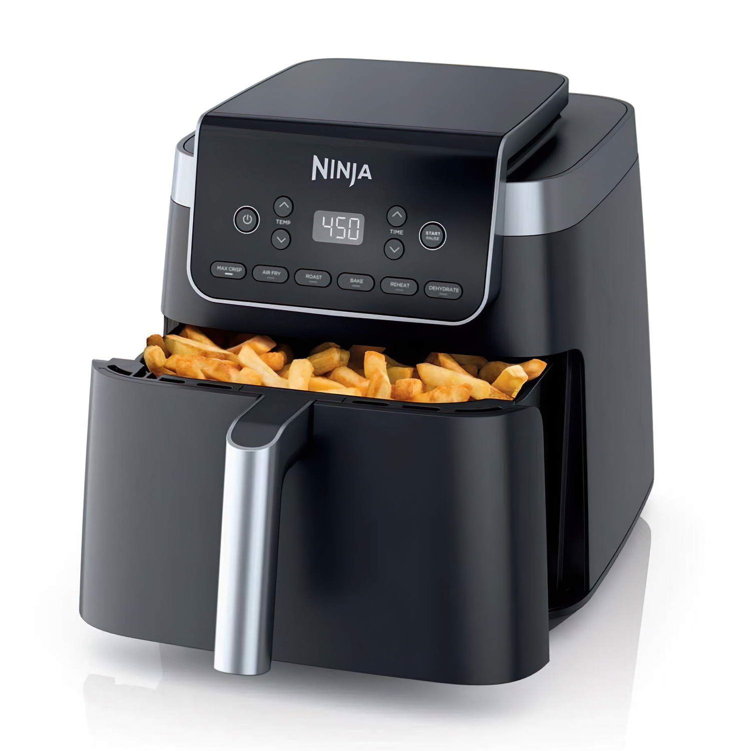 Black Ninja air fryer with fries in the basket. It has a digital display showing 450. Buttons include Air Fry, Roast, and Start/Pause.