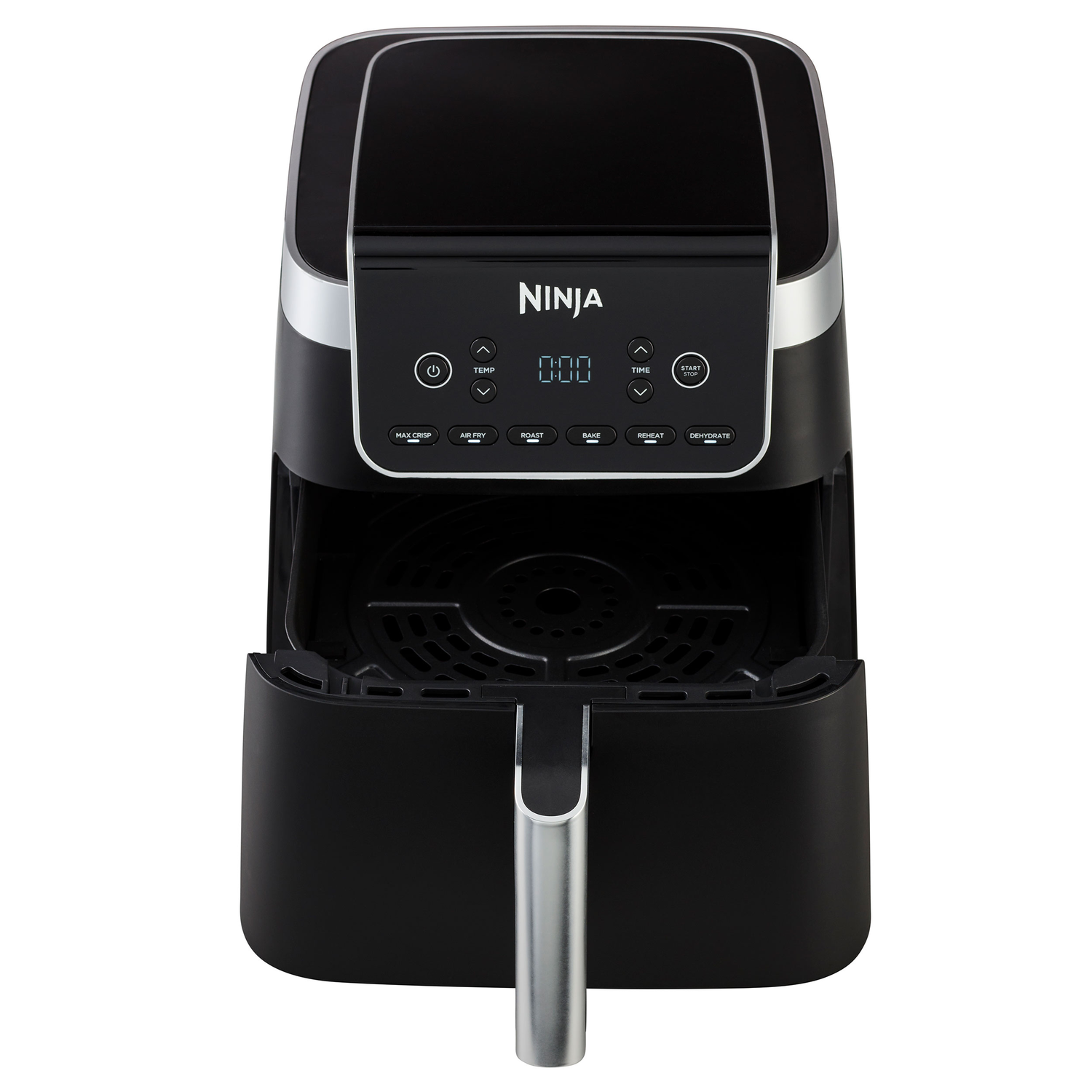 Black Ninja air fryer with digital display and silver handle. Features buttons for various cooking functions, including air fry and roast.
