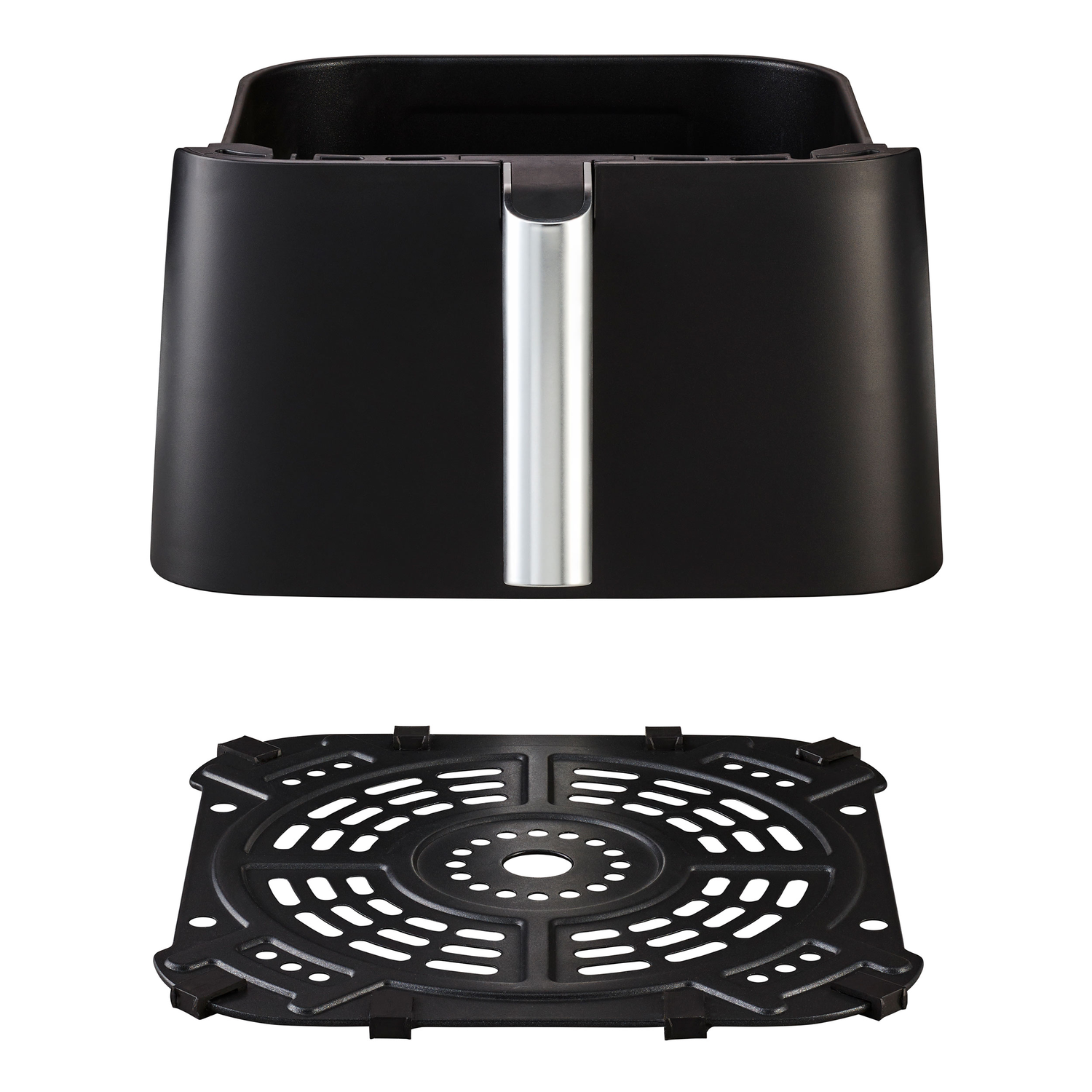 Black air fryer, disassembled. The basket is above the perforated base. The fryer has a silver handle on the front.
