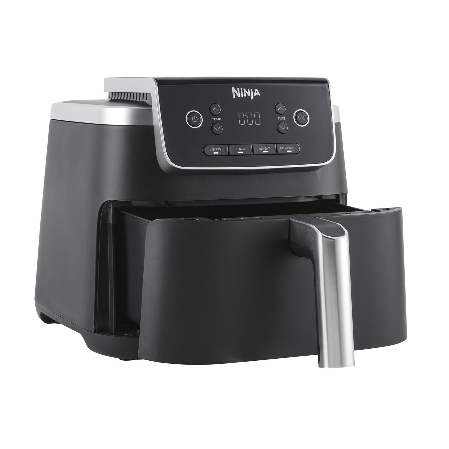 Zwarte Ninja airfryer met een digitaal display. De airfryer heeft een handgreep en een uitschuifbare lade.