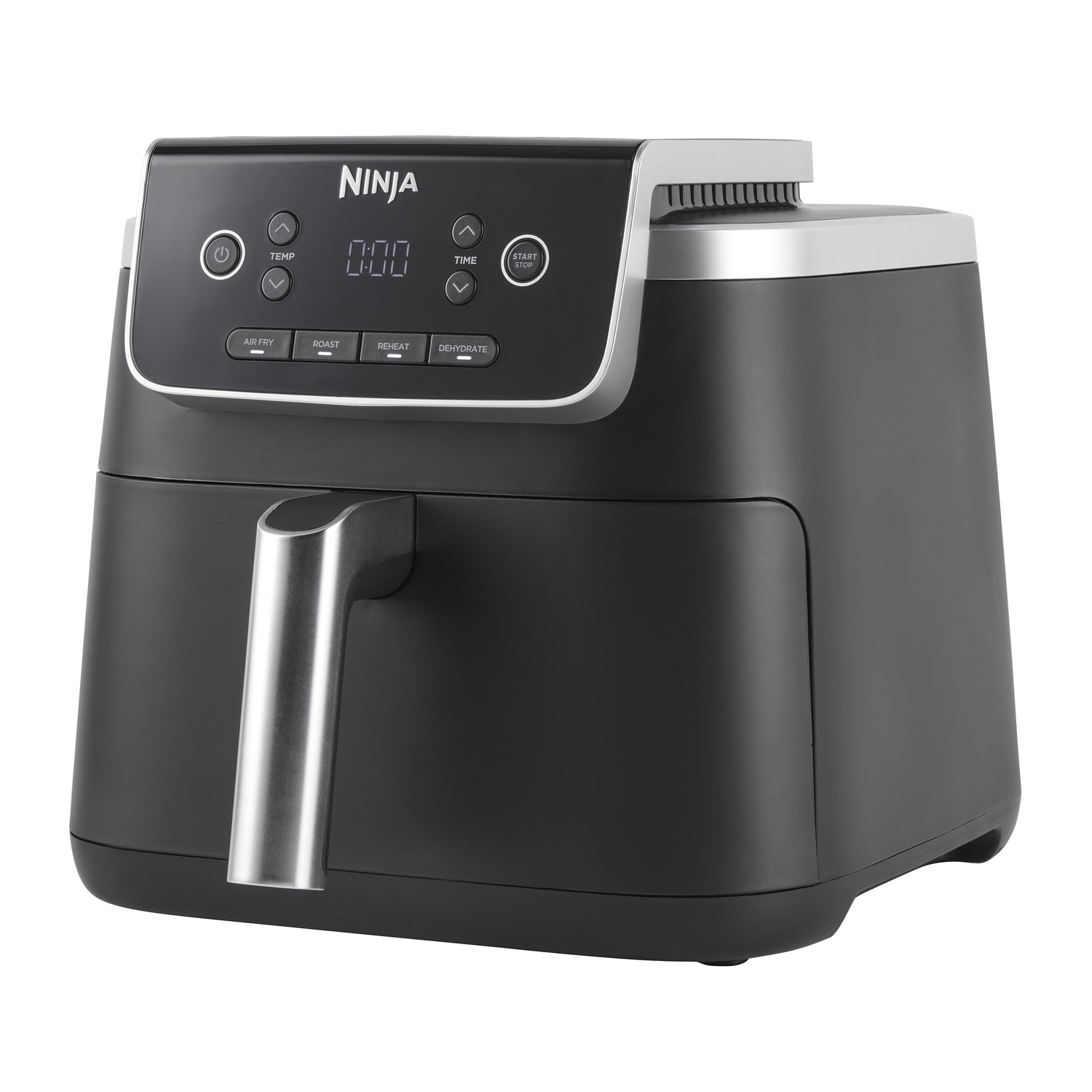 Een zwarte Ninja airfryer met een digitaal display en bedieningsknoppen.