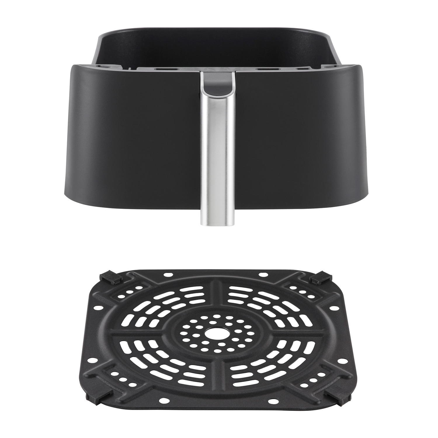 Zwarte airfryer, met uitneembare mand en een geperforeerde bak.