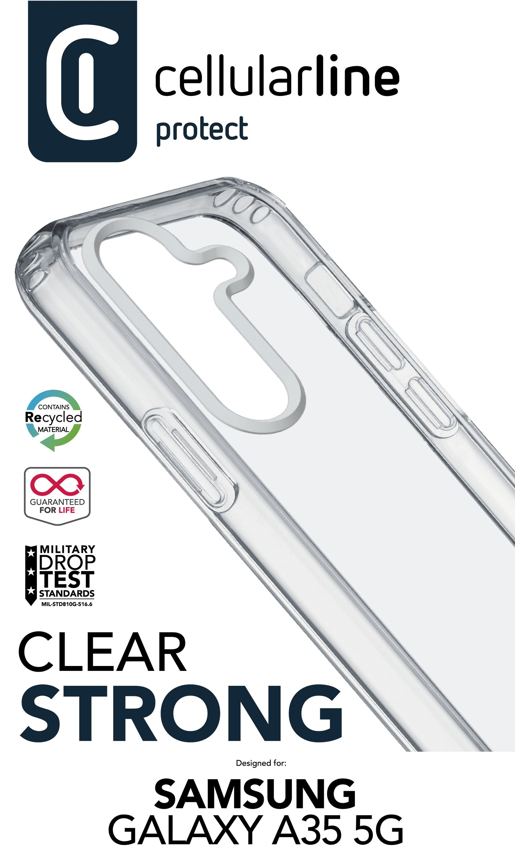 'CLEAR STRONG' metinli şeffaf telefon kılıfı. Samsung Galaxy A35 5G için. Cellularline protect logosu.