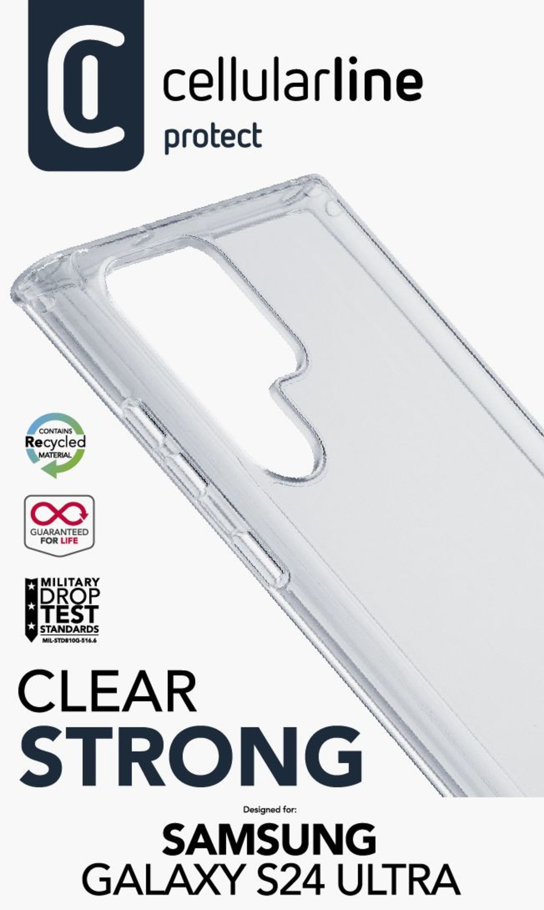 "CLEAR STRONG" ve "SAMSUNG GALAXY S24 ULTRA" yazılı şeffaf telefon kılıfı.