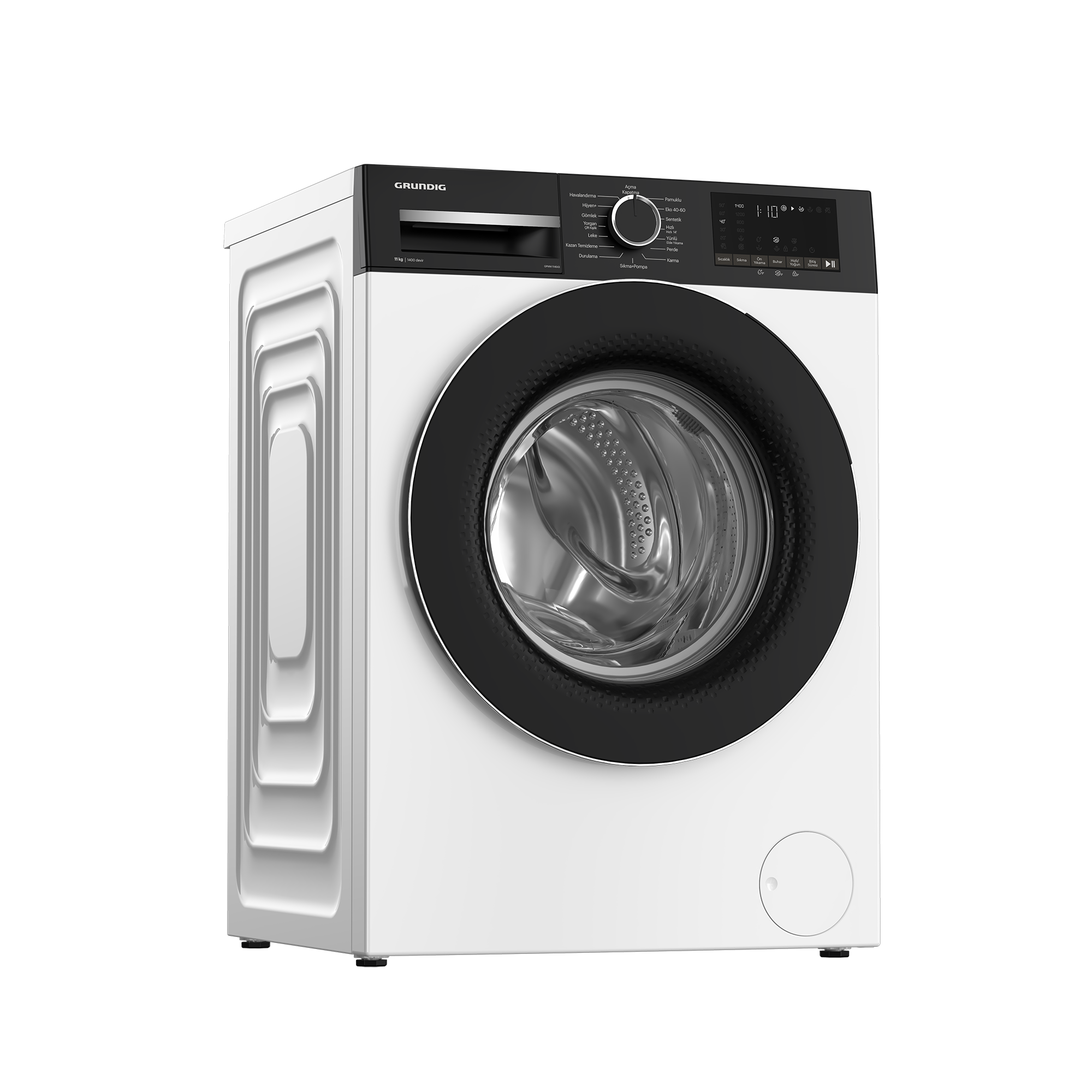 Beyaz bir Grundig çamaşır makinesi. Siyah kapı ve üstte kontrol paneli.