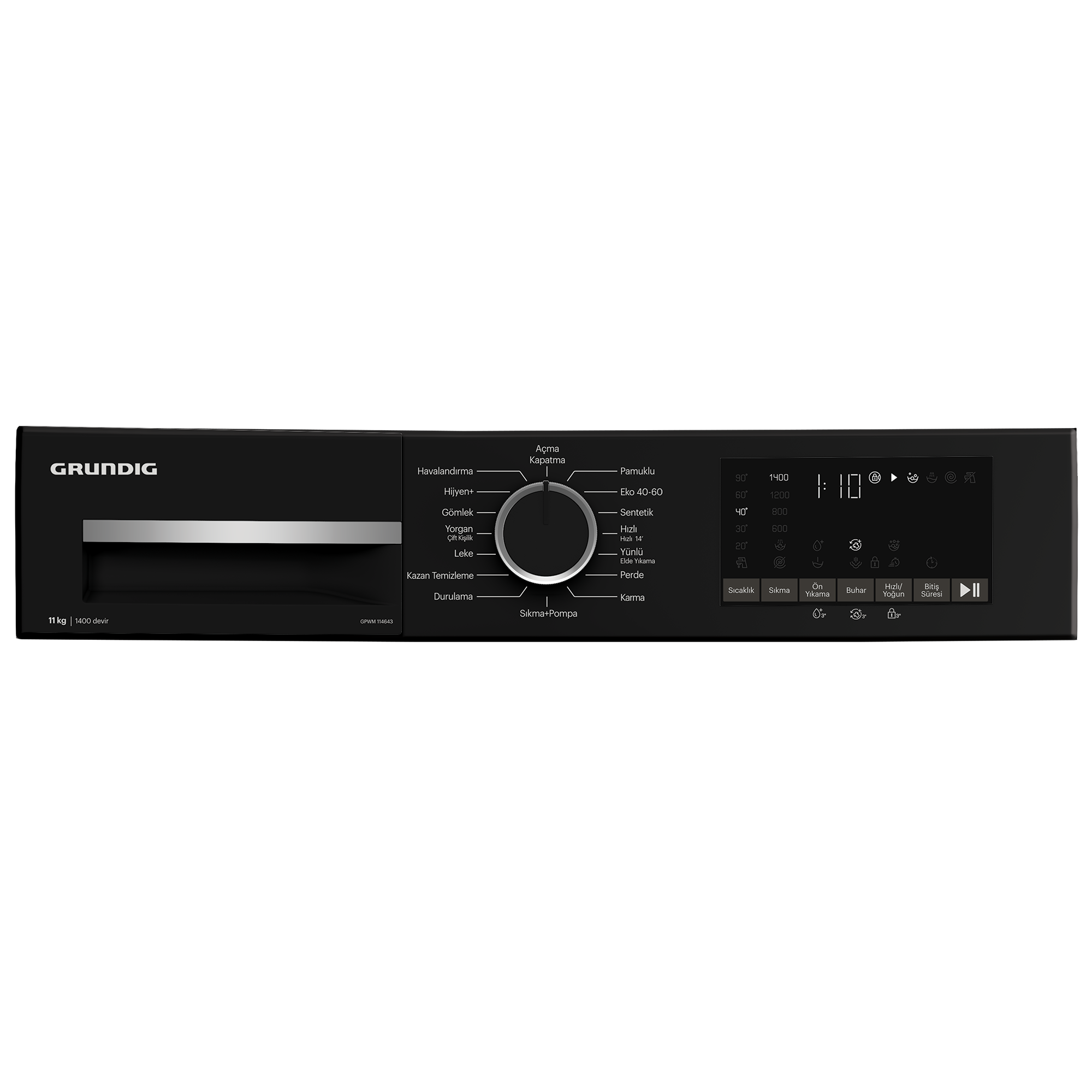 Grundig çamaşır makinesi kontrol paneli, siyah, çeşitli düğmeler ve bir döngü seçici ile.